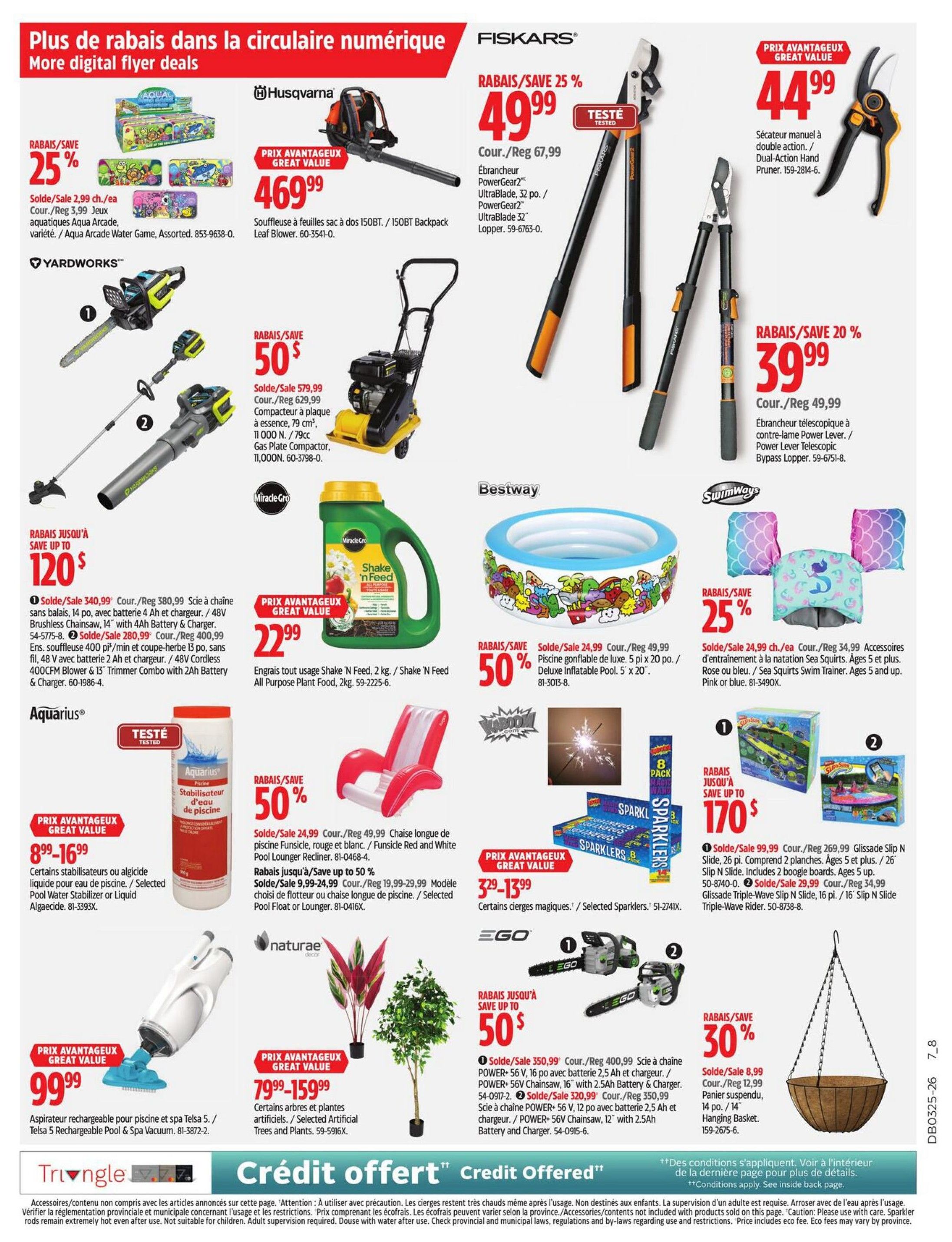 Canadian Tire flyer page 30 featuring various deals. Save 25% on Aqua Arcade Water Game, now $2.99 each. Husqvarna 150BT Backpack Leaf Blower is $469.99. Save 25% on Fiskars PowerGear2 UltraBlade Loppers, now $49.99. Save 20% on Fiskars Power Lever Telescopic Bypass Lopper, now $39.99. Yardworks offers a 48V Brushless Chainsaw with battery and charger for $340.99 (save up to $120), and a 48V Cordless Trimmer Combo for $380.99. Save 50% on a Yardworks Gas Plate Compactor, now $579.99. Miracle-Gro Shake 'n Feed All Purpose Plant Food (2kg) is $22.99. Bestway offers a Deluxe Inflatable Pool for 50% off, now $24.99. Aquarius Pool Water Stabilizer or Liquid Algaecide is $8.99-$16.99. Save 50% on Funsicle Red and White Pool Lounger Recliners, now $24.99. Save up to 50% on Funsicle Pool Float or Lounger, now $9.99-$24.99. Selected Sparklers are $3.29-$13.99. EGO offers a 56V Chainsaw with battery and charger for $350.99 (save up to $50) and a 12' 56V Chainsaw with battery and charger for $320.99 (save up to $50). Save 30% on a 14' Hanging Basket, now $8.99. Also featured are Telsa 5 Rechargeable Pool & Spa Vacuums for $99.99 and Artificial Trees and Plants for $79.99-$159.99. The page also highlights a 'Credit Offered' promotion.