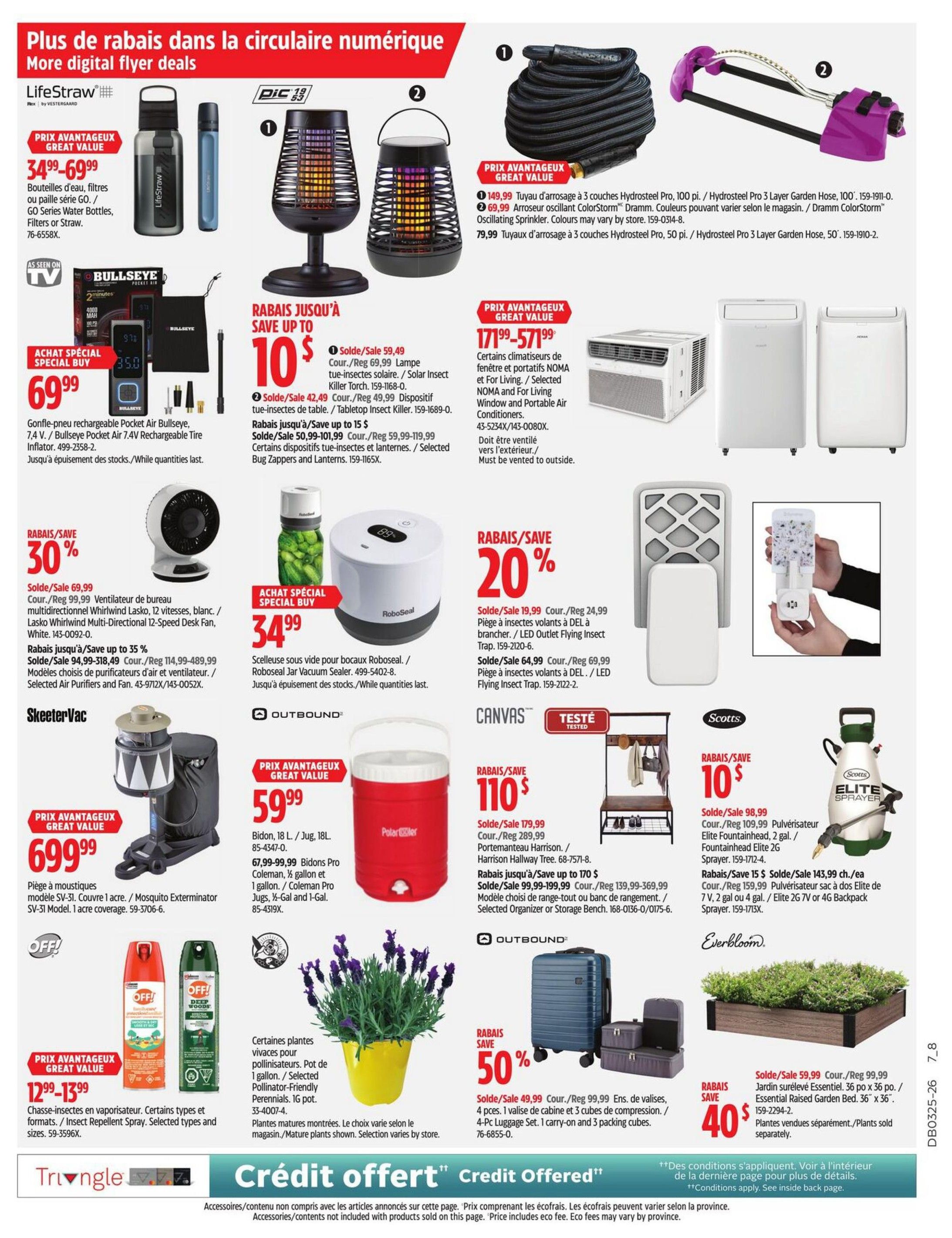 Canadian Tire flyer page 31 features a variety of deals. LifeStraw water bottles and filters are on sale for $34.99-$69.99. The Bullseye rechargeable pocket air inflator is a special buy at $69.99. Save up to $10 on solar insect killer torches and tabletop insect killers, with prices starting at $42.49. Hydrosteel Pro 3-layer garden hoses are available in 50 ft. and 100 ft. lengths, with prices starting at $49.99. NOMA and For Living window and portable air conditioners are on sale for $57.99-$171.99. Save 30% on the Lasko Whirlwind multi-directional 12-speed desk fan for $69.99. Save up to 35% on selected air purifiers and fans, with prices starting at $94.99. RoboSeal jar vacuum sealer is a special buy at $34.99. Save 20% on LED outlet flying insect traps, with prices starting at $19.99. SkeeterVac mosquito exterminator model SV-31 is on sale for $699.99. Coleman Pro Bidsons are available in 18 L, 1 L, and 1 gallon sizes, starting at $59.99. Save $110 on the Harrison Hallway Tree for $179.99. Save up to $170 on selected organizer or storage benches, with prices starting at $139.99. Save $10 on Scotts Elite Fountainhead and Elite 2G or 4G backpack sprayers, starting at $98.99. Outbound luggage sets are 50% off, with 4-piece carry-on and 3-packing cube sets for $49.99. Save 40% on Essential Raised Garden Beds, 36' x 36', for $59.99. OFF! insect repellent sprays are on sale for $12.99-$13.99. Selected pollinator-friendly perennials in 1-gallon pots are available. The bottom of the page features 'Crédit offert / Credit Offered' with terms and accessories and mentions that accessories/contents not included with products sold on this page may vary by province.
