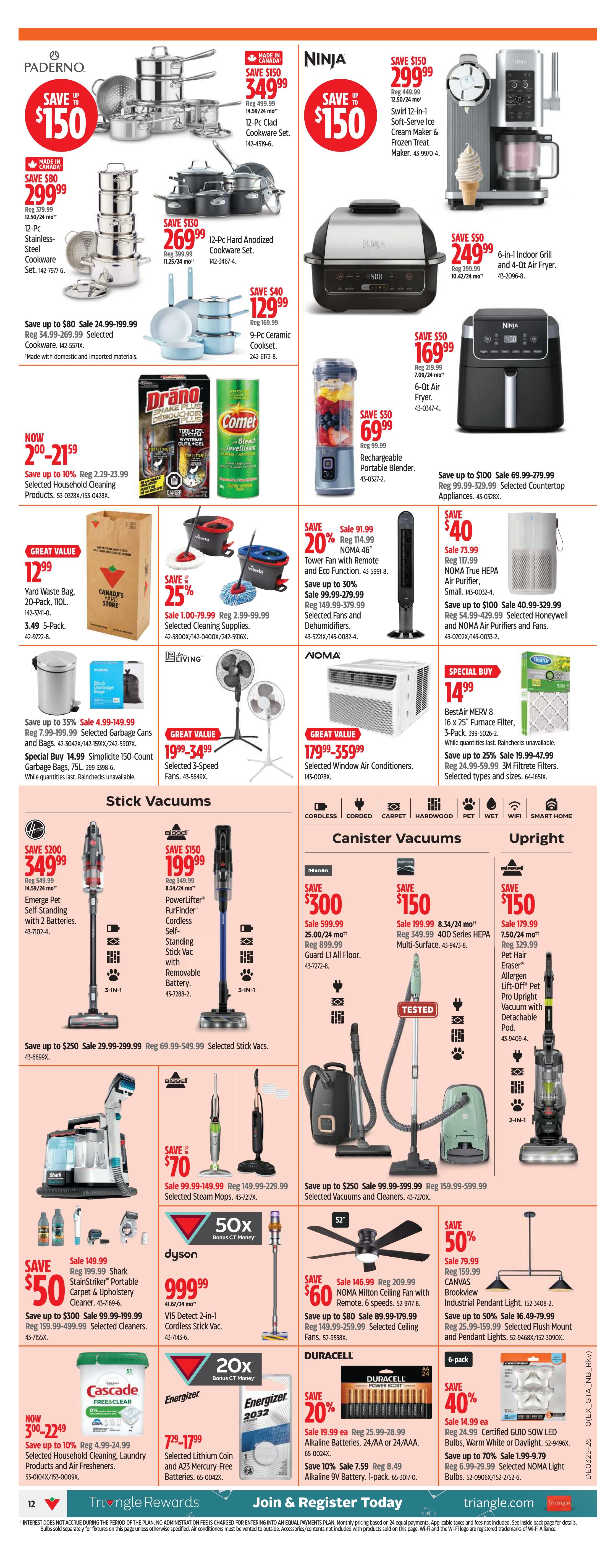 Canadian Tire Atlantic Canada flyer page 12 features a wide range of home goods and appliances. Kitchenware includes Paderno 12-Pc Clad Cookware Set on sale for $349.99 (save $150) and 12-Pc Hard Anodized Cookware Set for $269.99 (save $130). Ninja products include a Swirl 12-in-1 Ice Cream Maker & Frozen Treat Maker for $299.99 (save $150), an Indoor Grill and Air Fryer for $249.99 (save $50), and a 6-Qt Air Fryer for $169.99 (save $50). Small appliances on sale include a Rechargeable Portable Blender for $69.99 (save $30). Cleaning supplies feature Drano and Comet products with savings up to 10% off, and selected cleaning supplies are 25% off. Household essentials include 20-pack Yard Waste Bags for $12.99 and selected garbage cans and bags are up to 35% off. Home comfort items include NOMA 46' Tower Fan with Remote for $91.99 (save 20%), selected fans and dehumidifiers are up to 30% off, NOMA True HEPA Air Purifier for $40 (save $40), and selected Honeywell and NOMA Air Purifiers and Fans are up to $100 off. NOMA Window Air Conditioners are on sale from $179.99-$359.99. Vacuums include Emerge Pet Self-Standing Stick Vac with 2 Batteries for $349.99 (save $200), PowerLifter FurFinder Cordless Stick Vac for $199.99 (save $150), Miele Guard LI All Floor Canister Vacuum for $599.99 (save $300), Farberware 400 Series HEPA Multi-Surface Vacuum for $199.99 (save $150), and Bissell Pet Hair Eraser Lift-Off Pet Pro Upright Vacuum for $159.99 (save $150). Other featured items include Shark StainStriker Portable Carpet & Upholstery Cleaner for $149.99 (save $50), Dyson VIS Detect 2-in-1 Cordless Stick Vac for $999.99, Energizer Lithium Coin and Mercury-Free Batteries with 20x bonus CT Money, and Duracell Alkaline Batteries with 20% off. Lighting includes NOMA Milton Ceiling Fan with Remote for $60 (save $60), selected ceiling fans are up to $80 off, Brookview Industrial Pendant Light for $79.99 (save 50%), and selected flush mount and pendant lights are up to 50% off. Also available are GU10 50W LED Bulbs, warm white or daylight, with 40% off, and selected NOMA Light Bulbs are up to 70% off.