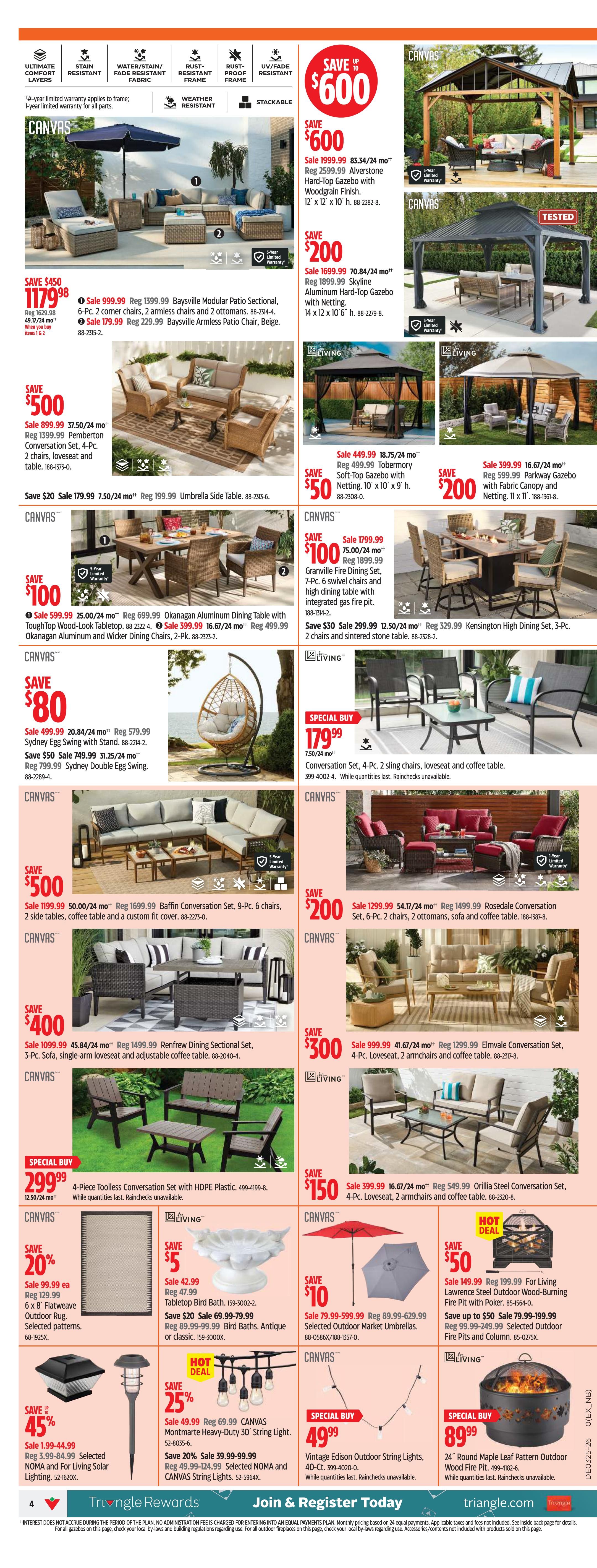 Canadian Tire flyer page 4 features a wide selection of outdoor furniture and lighting. Save up to $600 on the Alverstone Hard-Top Gazebo, now on sale for $1999.99 (regularly $2599.99). Also featured is the Skyline Aluminum Hard-Top Gazebo with Netting for $1699.99 (regularly $1899.99), saving $200. Outdoor seating options include the Baysville Modular Patio Sectional for $999.99, the Baffin Conversation Set for $1199.99, and the Renfrew Dining Sectional Set for $1099.99. Dining sets include the Okanagan Aluminum Dining Table with chairs for $599.99 and the Kensington High Dining Set for $329.99. Relax in an egg swing, with the Sydney Double Egg Swing on sale for $749.99. Special buys include the 4-Piece Toolless Conversation Set for $299.99 and the Vintage Edison Outdoor String Lights for $49.99. Lighting options include the CANVAS Montmartre Heavy-Duty 30' String Light for $49.99 and selected NOMA and CANVAS Solar Lighting starting at $3.99. Save 45% on selected NOMA and CANVAS Solar Lighting. Other featured items include the Tobermory Soft-Top Gazebo for $449.99, the Orillia Steel Conversation Set for $399.99, and the Elmvale Conversation Set for $999.99. Enjoy savings on outdoor market umbrellas for $79.99 and outdoor fire pits, including the Lawrence Steel Outdoor Wood-Burning Fire Pit with Poker for $149.99 and the 24' Round Maple Leaf Pattern Outdoor Wood Fire Pit for $89.99. Decorative items like the Tabletop Bird Bath are on sale for $42.99.