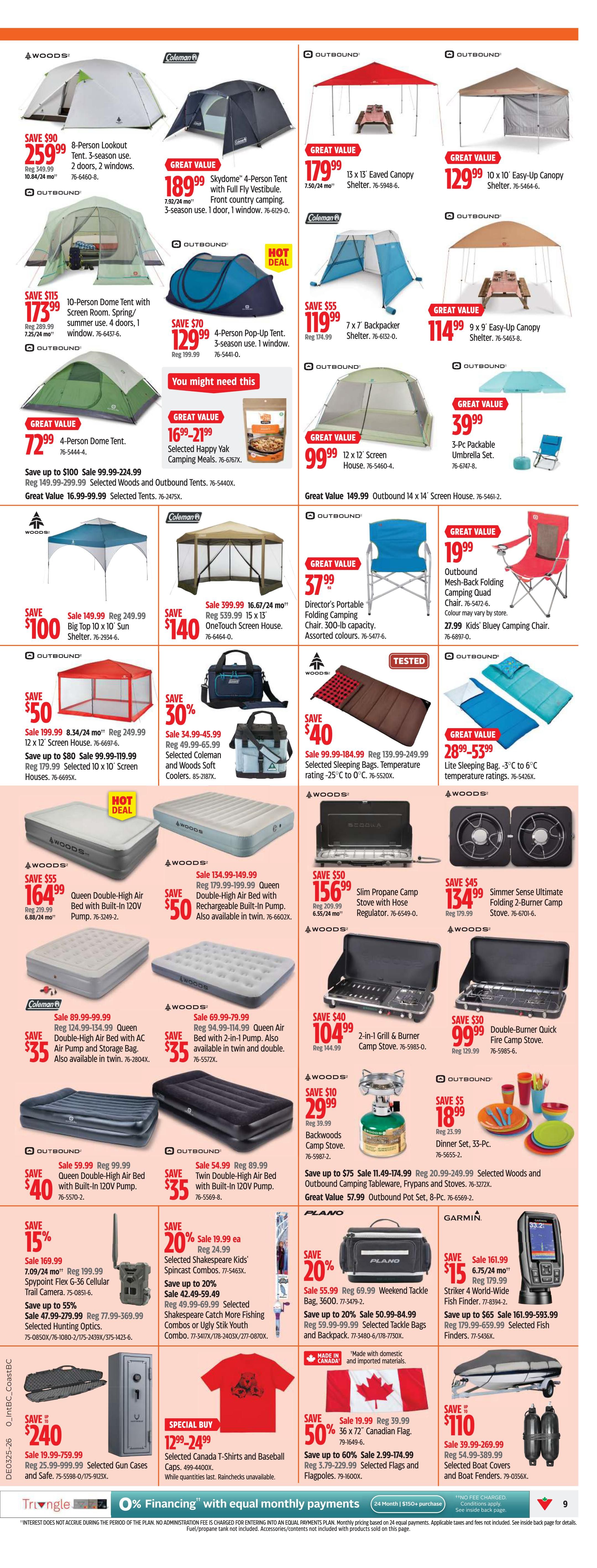 Canadian Tire Western Canada flyer page 9 features a wide selection of camping and outdoor gear. Highlighted items include the Woods 8-Person Lookout Tent for $259.99, the Skydome 4-Person Tent for $189.99, and various canopy shelters like the 13 x 13 ft Eaved Canopy Shelter for $179.99 and the 10 x 10 ft Easy-Up Canopy Shelter for $129.99. Also featured are the Outbound 7 x 7 ft Backpacker Shelter for $119.99 and the Outbound 9 x 9 ft Easy-Up Canopy Shelter for $114.99. Camping essentials like the Selected Happy Yak Camping Meals are available from $16.99-$21.99. The page also showcases Woods 12 x 12 ft Screen House for $99.99 and Director's Portable Folding Camping Chairs for $37.99. Sleeping bags are on sale, including the Lite Sleeping Bag for $28.99-$53.99. For water activities, find the Queen Double-Air High Air Bed with built-in pump starting at $164.99. Cooking solutions include the Slim Propane Camp Stove for $156.99 and the 2-in-1 Grill & Burner Camp Stove for $104.99, as well as Backwoods Camp Stoves from $29.99. Outdoor electronics like the Spy Point Flex G-36 Cellular Trail Camera are on sale for $169.99. Also available are Selected Coleman and Woods Soft Coolers, Selected Fish Finders, and a 33-piece Dinner Set for $18.99. For protection, there are Selected Gun Cases and Safe for $240, and Selected T-Shirts and Baseball Caps for $12.99. Additionally, find a 36 x 72 inch Canadian Flag for $19.99 and Selected Boat Covers and Boat Fenders for $110.
