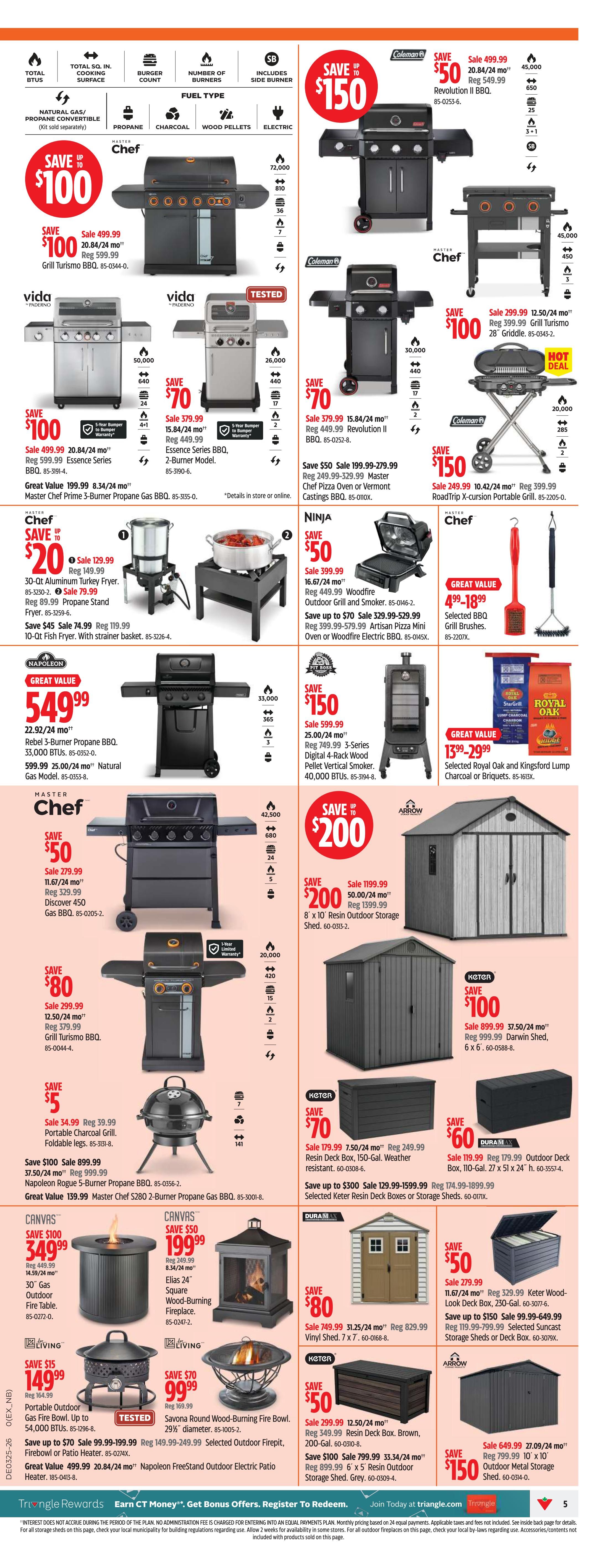 Canadian Tire flyer page 5 features a wide selection of BBQs, outdoor fireplaces, and storage solutions. Top deals include a Master Chef 3-Burner Propane Gas BBQ for $150 off, a Napoleon Rogue 5-Burner Propane BBQ for $349.99, and a Master Chef 28' Griddle for $100 off. Also featured are a Master Chef 30-Qt Aluminum Turkey Fryer for $129.99, a Ninja Woodfire Outdoor Grill and Smoker for $50 off, and a Master Chef 8' x 10' Resin Outdoor Storage Shed for $200 off. Other items include various fire pits, wood-burning fireplaces, deck boxes, and outdoor metal sheds, with savings up to $150 on select items. Prices and savings are clearly displayed for each product.