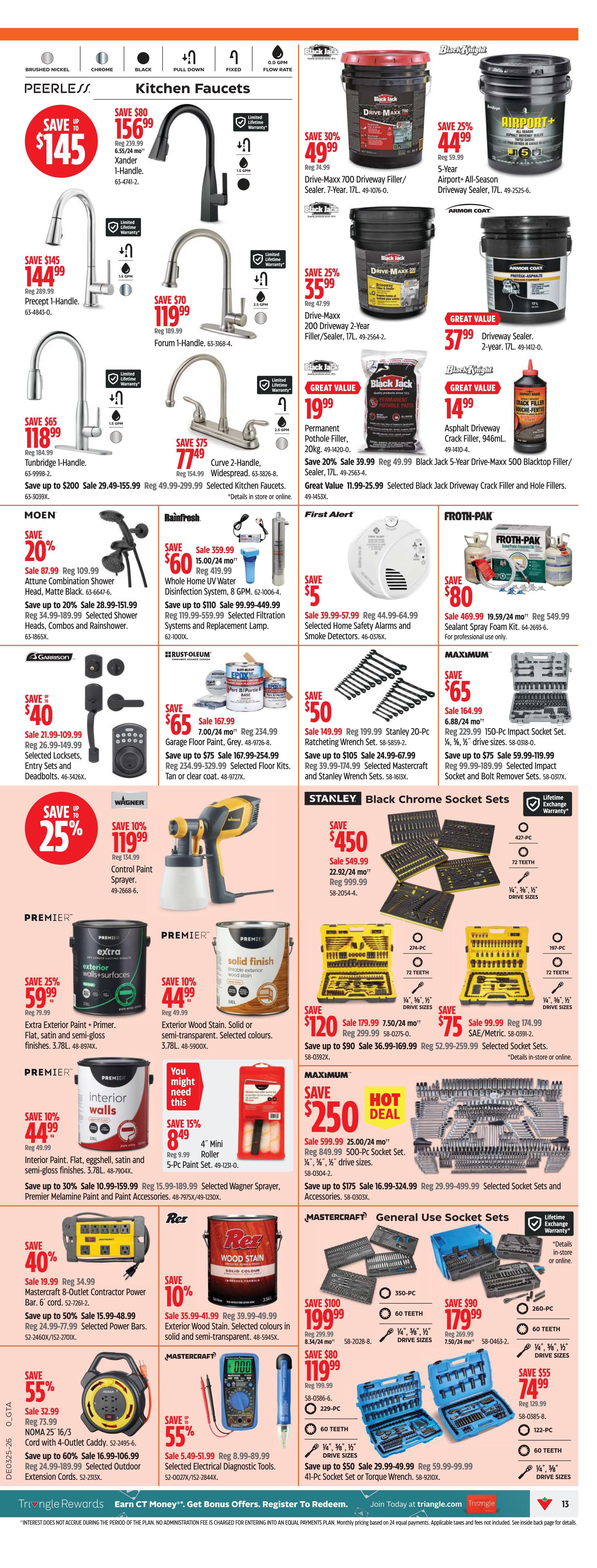 Canadian Tire flyer page 13 featuring kitchen faucets, drive-maxx sealers, and paint supplies. Save up to $145 on Peerless kitchen faucets, including the Xander 1-Handle for $156.99 and the Forum 1-Handle for $119.99. Drive-Maxx 700 Driveway Filler/Sealer is on sale for $49.99, and Airport+ All-Season Driveway Sealer is $44.99. Save 25% on Premier Exterior Paint + Primer for $59.99 and Premier Exterior Wood Stain for $44.99. Also featured are Moen Attune Combination Shower Heads for $109.99, Rust-Oleum Garage Floor Paint for $234.99, and selected Mastercraft socket sets starting at $75.99. Additional offers include Mastercraft power bars, extension cords, and diagnostic tools.