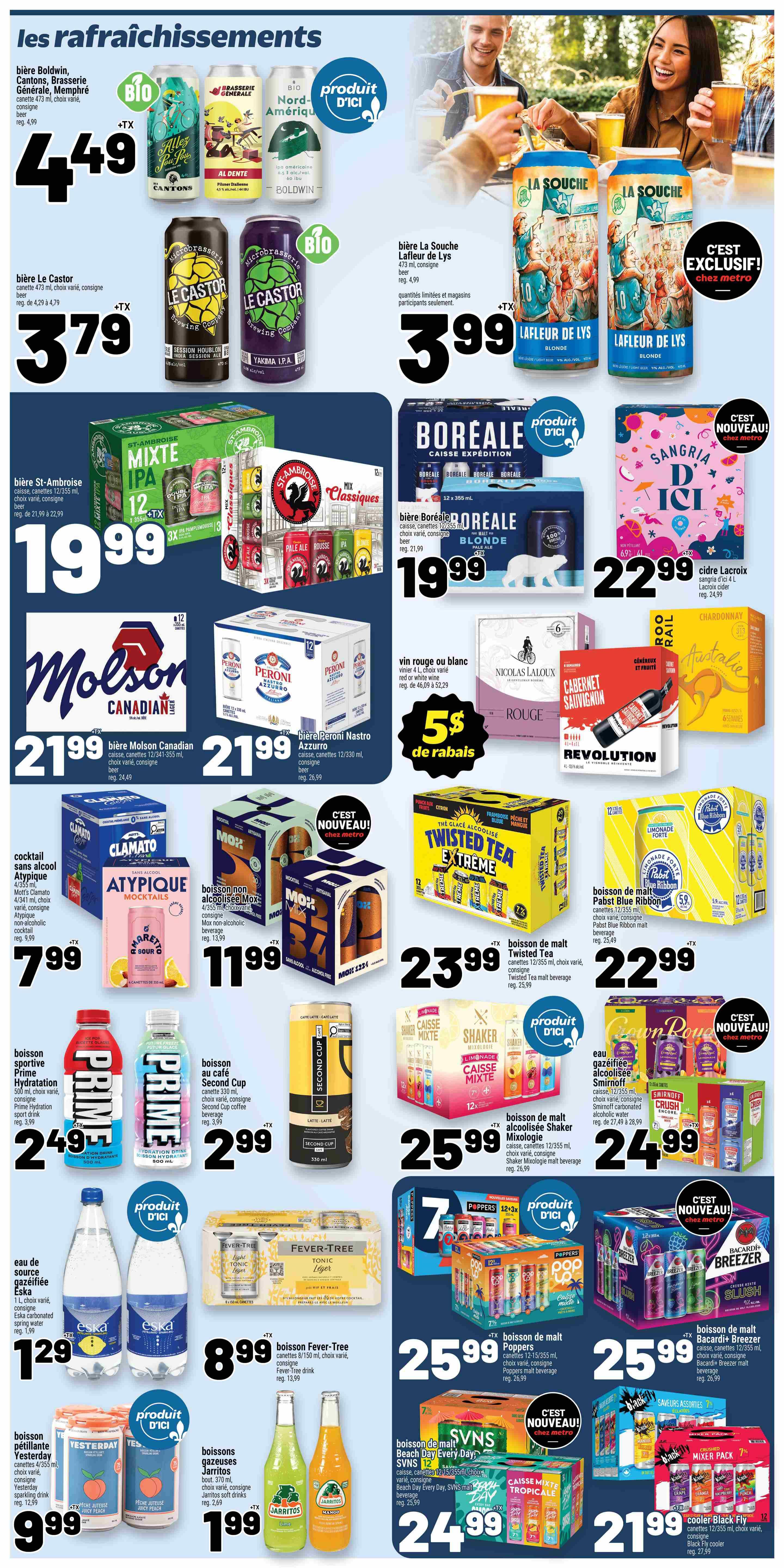 Metro Quebec weekly flyer specials page 19 features a wide selection of beverages. Highlighted are beer brands including Baldwin, Cantons, Brasserie Générale, Memphré at $4.49, Le Castor at $3.79, La Souche Lafleur de Lys at $3.99, St-Ambroise Mixt IPA 12-pack for $19.99, Boreal Expedition 12-pack for $19.99, Molson Canadian 12-pack for $21.99, and Peroni Nastro Azzurro 12-pack for $21.99. Also featured are Sangria D'Ici at $22.99. Non-alcoholic options include Clamato Atypique mocktails for $7.99, non-alcoholic Moix beverages for $11.99, and Prime Hydration Sport drink for $2.49. Other drinks include Second Cup coffee beverage for $2.99, Fever-Tree Ginger Beer 8-pack for $8.99, Eska sparkling water 1L for $1.29, Jarritos soft drinks for $1.99, Twisted Tea Extreme for $23.99, Pabst Blue Ribbon malt beverage for $22.99, Smirnoff coolers for $24.99, Poppers malt beverage 12-pack for $25.99, Bacardi Breezer 12-pack for $25.99, SVNS Beach Day Every Day malt beverage for $24.99, and cooler Black Fly 12-pack for $21.99. A $5 discount is available on Nicolas Laloux red or white wine.