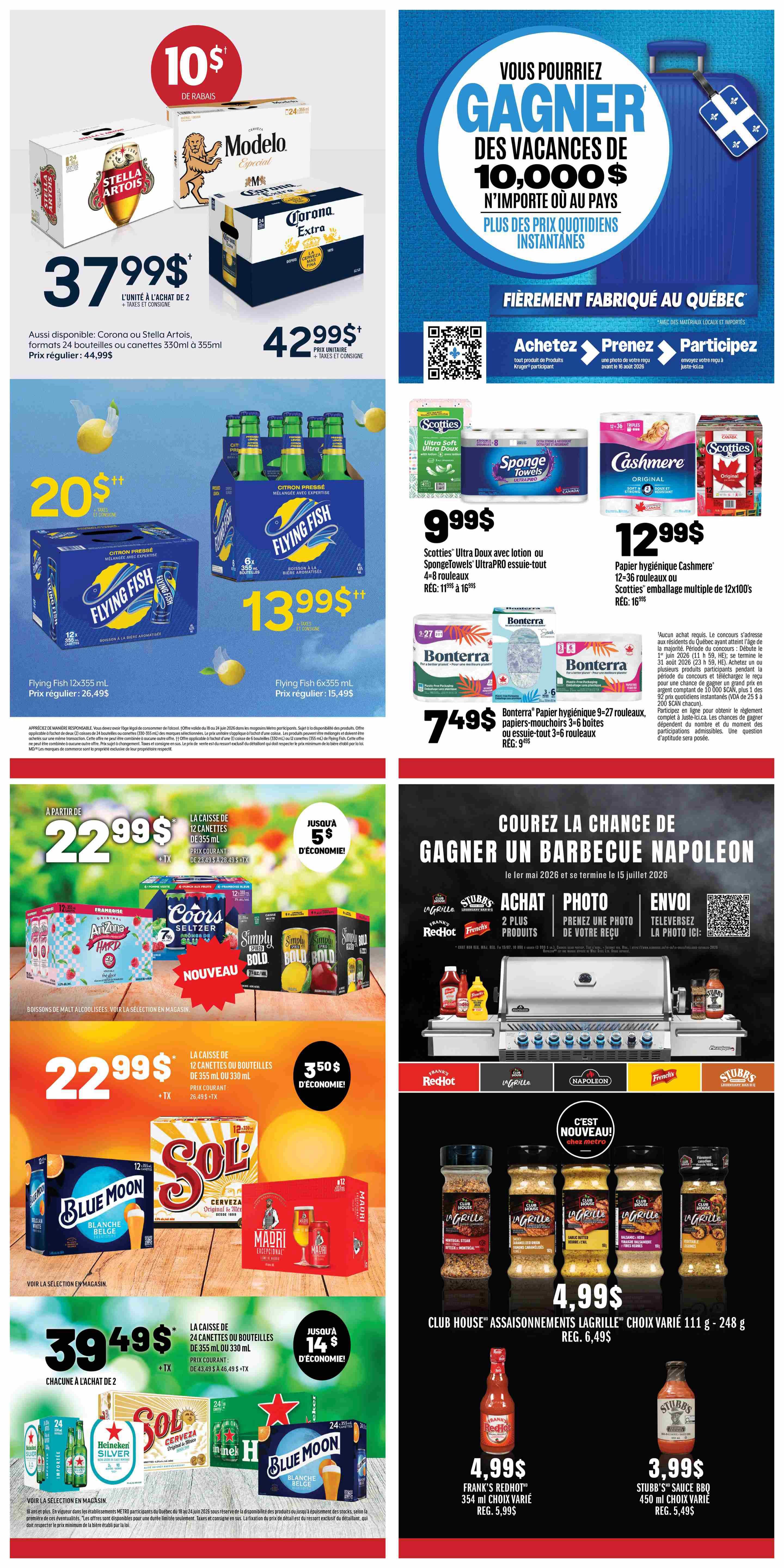 Metro Quebec weekly flyer specials, page 21. Features a $10 discount on Modelo and Corona Extra beer, with 2-pack cases priced at $37.99 and 24-bottle cases of Corona Extra at $42.99. Also on sale are Flying Fish coolers, with a 12x355ml pack for $20 and a 6x555ml pack for $13.99. Scotties Ultra Soft and SpongeTowels UltraPRO 4-8 rolls are $9.99, and Cashmere toilet paper 12-36 rolls is $12.99. Bonterra 9-27 roll bathroom tissue or 3-6 box facial tissue is $7.49. Enter for a chance to win a Napoleon BBQ by purchasing 2 products, taking a photo, and submitting it. Featured are various alcoholic beverages including Arizona Hard, Coors Seltzer, Simply Bold, Blue Moon, and Sol beer, with 12-can or 12-bottle cases starting at $22.99, and a $5 savings on 12x355ml cans. A larger selection of 12x355ml or 12x330ml cans or bottles is available starting at $39.49 for 2, with up to $14 in savings. Also available are Club House La Grille seasonings for $4.99, Frank's RedHot sauce for $4.99, and Stubbs BBQ sauce for $3.99.