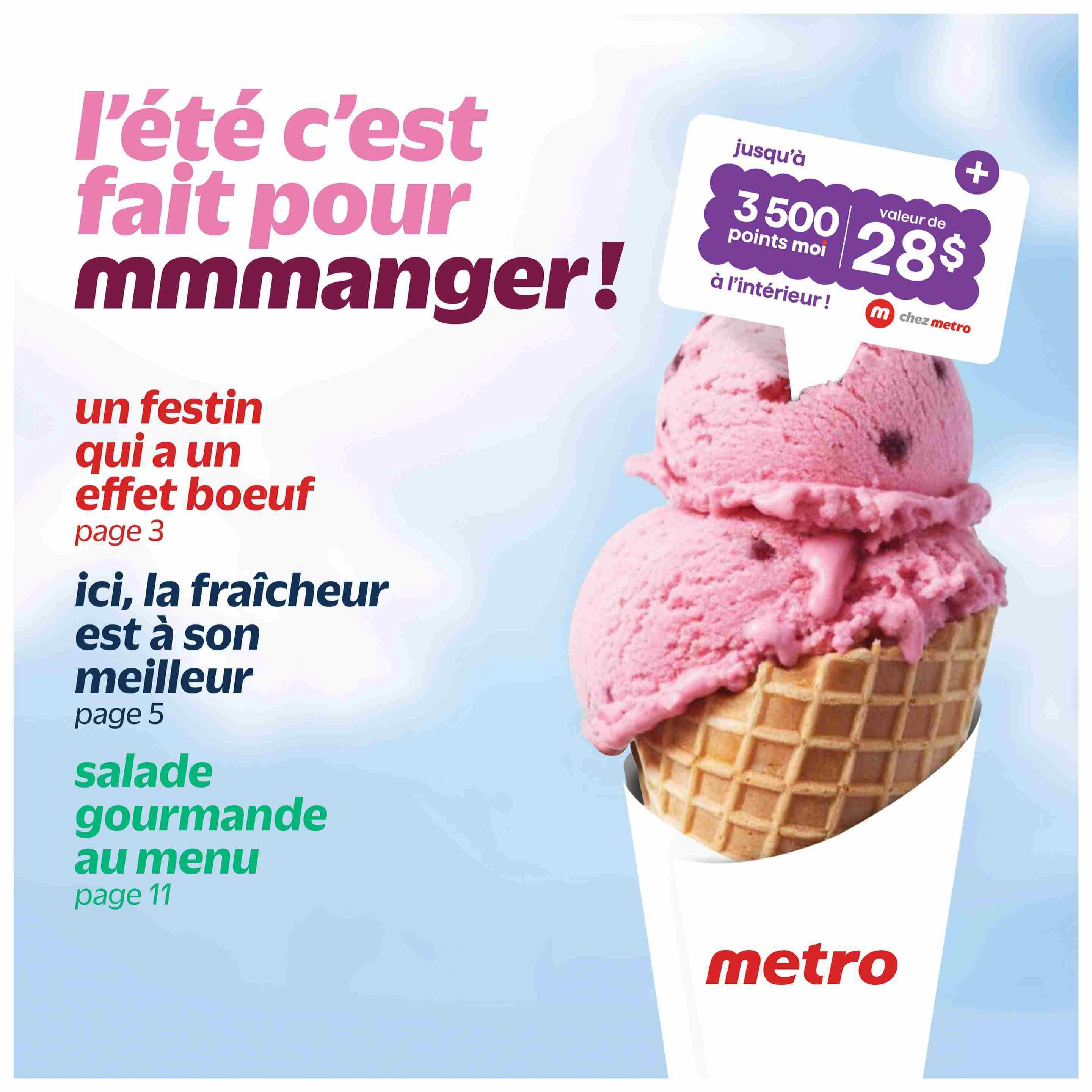 Metro weekly flyer specials page 28 features a large image of a pink ice cream cone. The page highlights summer eating with sections like 'A feast that has a beef effect' on page 3, 'Here, freshness is at its best' on page 5, and 'Gourmet salad on the menu' on page 11. A special offer is also displayed: collect 3,500 points for up to $28 value inside, with the Metro chez moi logo.