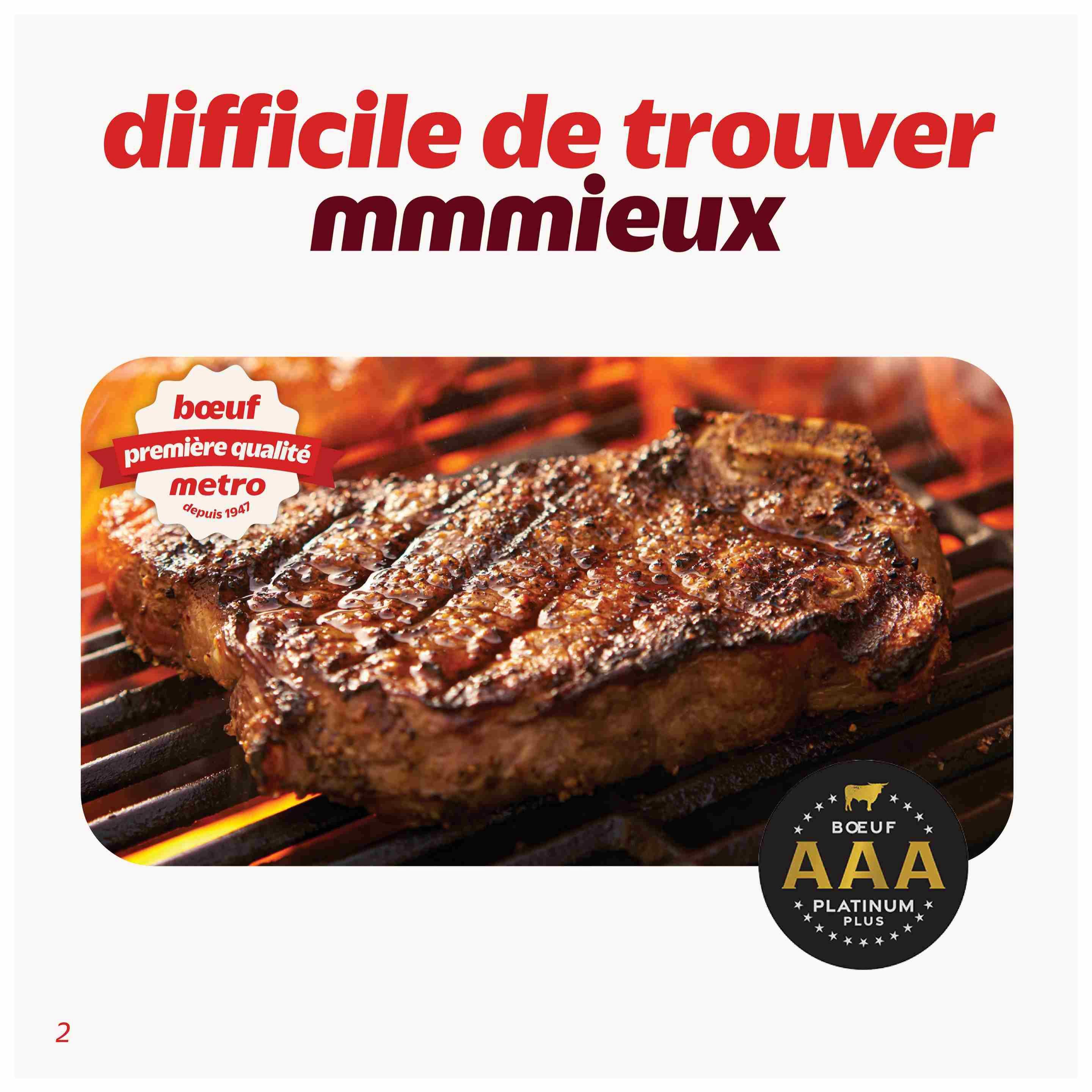Metro flyer page 29 features a mouth-watering AAA Platinum Plus beef steak grilling over an open flame. The text 'difficile de trouver mmmieux' translates to 'difficult to find better', highlighting the quality of the beef. A badge indicates 'bœuf première qualité metro depuis 1947', meaning 'premium quality beef Metro since 1947'.