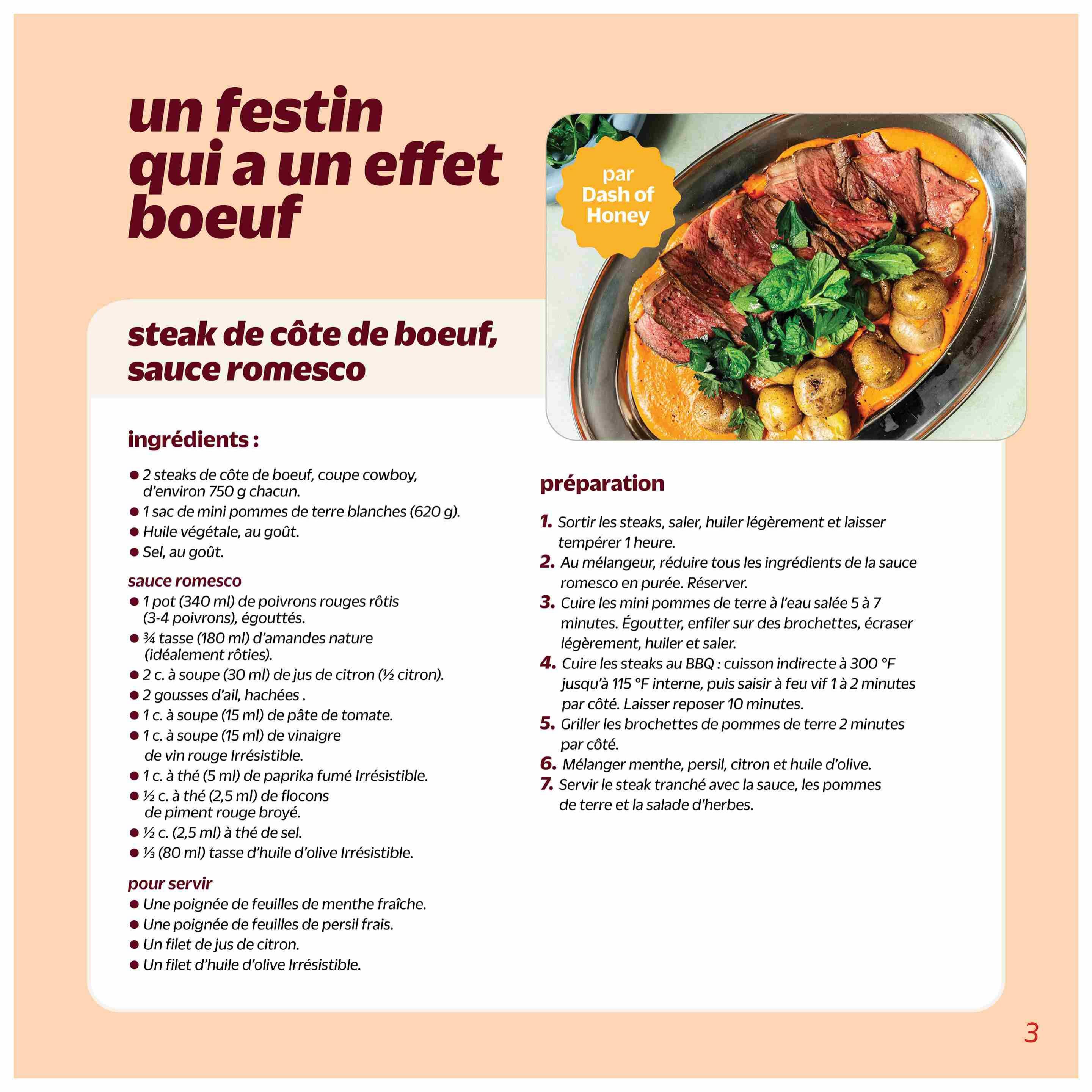 Metro Quebec Weekly Flyer Specials, page 30. Recipe for 'A Feast with an Effect: Beef Steak with Romesco Sauce'. Ingredients include 2 cowboy cut beef steaks (approx. 750g each), 1 bag of white mini potatoes (620g), vegetable oil, salt. For the Romesco sauce: 1 pot (340ml) roasted red peppers, 180ml natural almonds, 30ml lemon juice, 2 cloves garlic, 15ml tomato paste, 15ml Irresistible red wine vinegar, 5ml Irresistible smoked paprika, 2.5ml crushed red pepper flakes, 2.5ml salt, and 80ml Irresistible olive oil. For serving: fresh mint leaves, fresh parsley leaves, lemon juice, and Irresistible olive oil. Preparation steps are provided for cooking the steaks, making the romesco sauce, cooking the potatoes, and serving the dish.