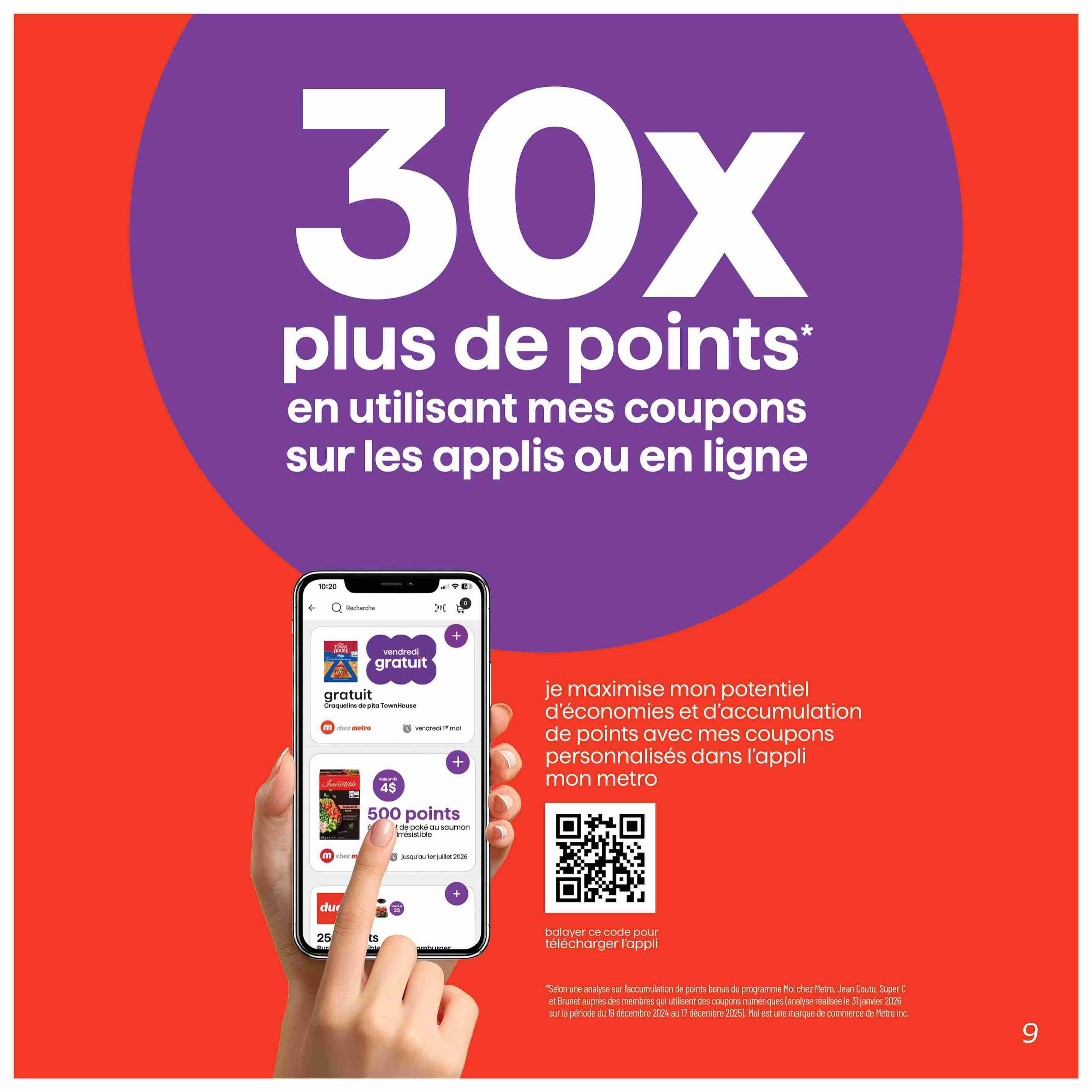 Metro flyer page 36 highlights 30x more points when using coupons on the app or online. The page features a smartphone displaying the Metro app with offers like a free Town House pita cracker, 500 points for irresistible salmon poke, and 25 points for hamburgers. It also includes a QR code to download the app and text encouraging users to maximize savings and points with personalized coupons. A footnote explains the points accumulation analysis.