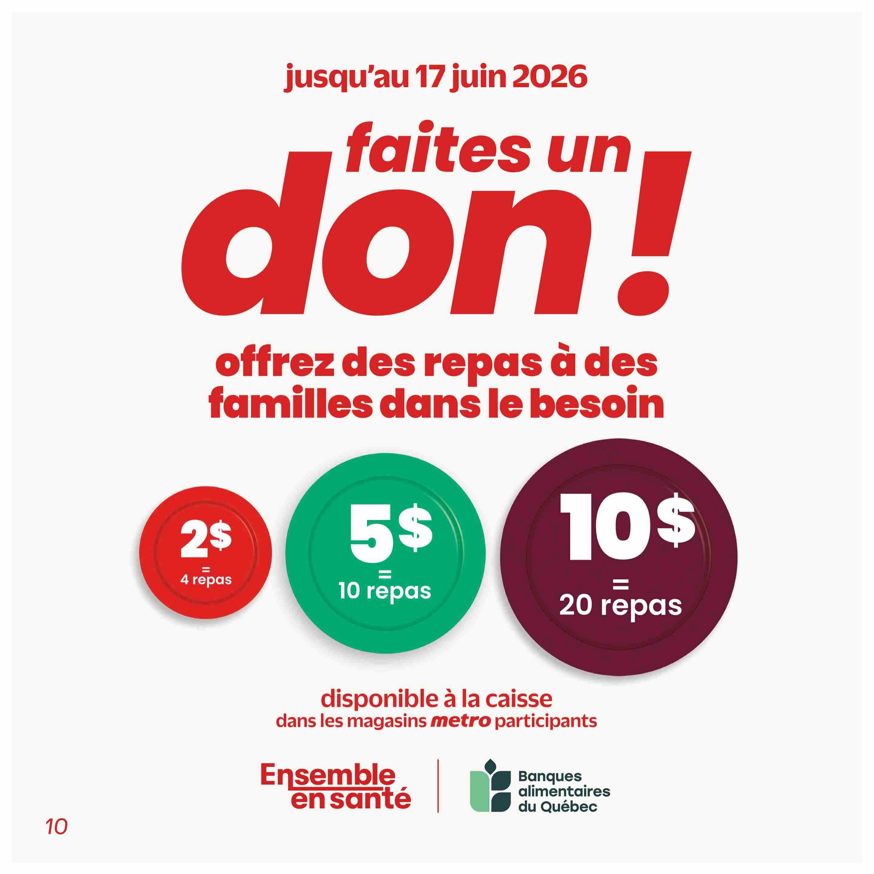 Metro Quebec flyer, page 37. A 'Make a donation!' campaign is featured, running until June 17, 2026. The campaign aims to provide meals for families in need. Donation options include $2 for 4 meals, $5 for 10 meals, and $10 for 20 meals. Donations are available at the checkout in participating Metro stores. The page also shows the 'Ensemble en santé' logo and the 'Banques alimentaires du Québec' (Food Banks of Quebec) logo.
