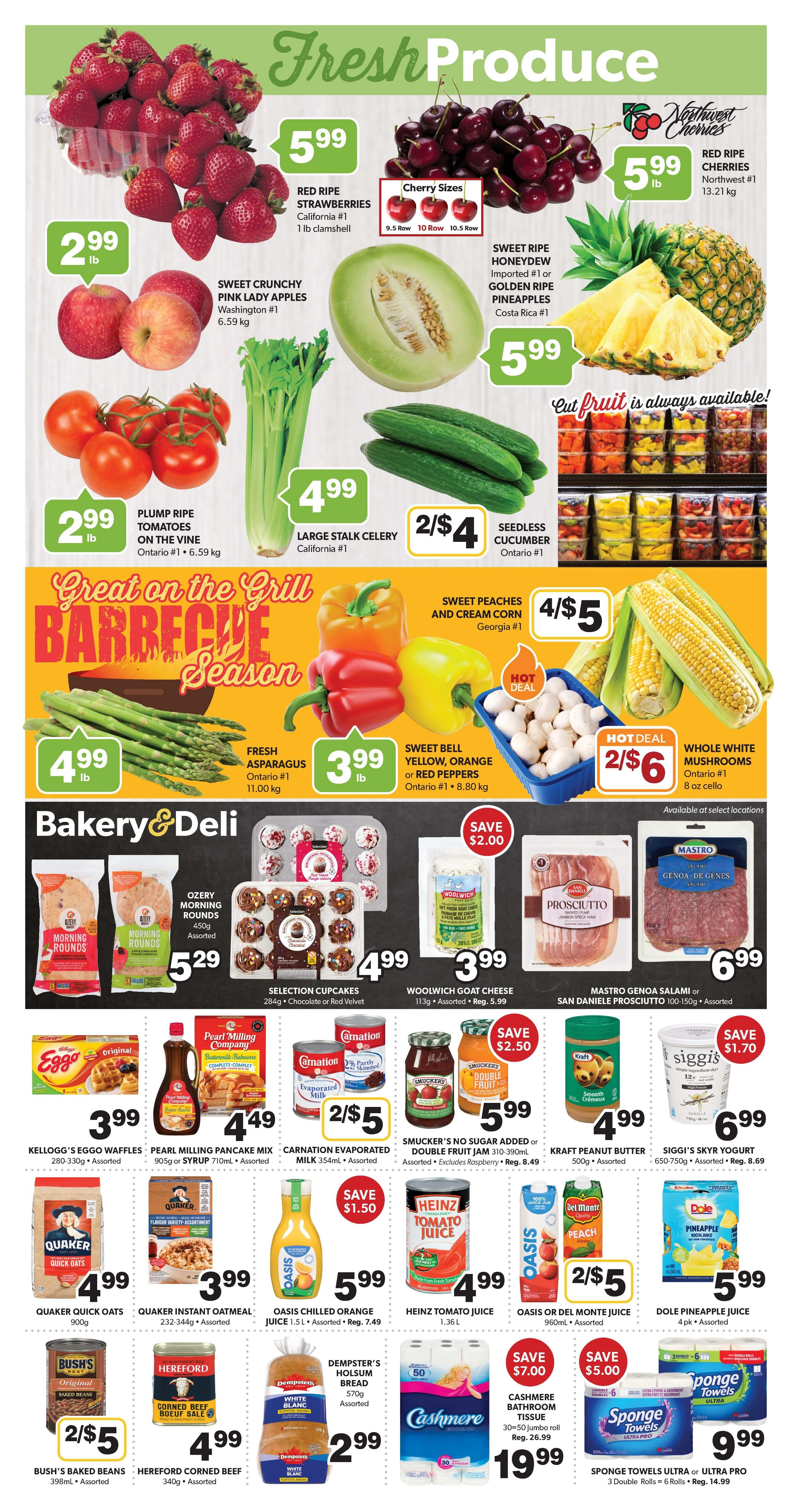 Colemans Weekly Flyer Specials Page 3: Fresh Produce section features Red Ripe Strawberries for $5.99/lb, Northwest Cherries for $5.99/lb, Sweet Crunchy Pink Lady Apples for $2.99/lb, Plump Ripe Tomatoes for $2.99/lb, Large Stalk Celery for $4.99/lb, Seedless Cucumbers 2 for $4, Sweet Honeydew or Golden Ripe Pineapples for $5.99, Sweet Peaches and Cream Corn 4 for $5, Fresh Asparagus for $4.99/lb, Sweet Bell Yellow, Orange or Red Peppers for $3.99/lb, and Whole White Mushrooms 2 for $6. Bakery & Deli includes Ozery Morning Rounds Assorted for $5.29, Selection Cupcakes (Chocolate or Red Velvet) for $4.99, Woolwich Goat Cheese for $3.99 (Reg. $5.99), and Mastro Genoa Salami or San Daniele Prosciutto for $6.99. Pantry items include Kellogg's Eggo Waffles for $3.99, Pearl Milling Company Pancake Mix for $4.49, Carnation Evaporated Milk 2 for $5, Smucker's No Sugar Added Double Fruit Jam for $5.99, Quaker Quick Oats for $4.99, Quaker Instant Oatmeal for $3.99, Oasis Chilled Orange Juice for $5.99 (Reg. $7.49), Heinz Tomato Juice for $4.99, Oasis or Del Monte Juice 2 for $5, Dole Pineapple Juice for $5.99, Bush's Baked Beans 2 for $5, Hereford Corned Beef for $4.99, Dempster's Holmsbun Bread for $2.99, Cashmere Bathroom Tissue 30-50 rolls for $19.99 (Reg. $26.99), and Sponge Towels Ultra or Ultra Pro 6 Rolls for $9.99 (Reg. $14.99).