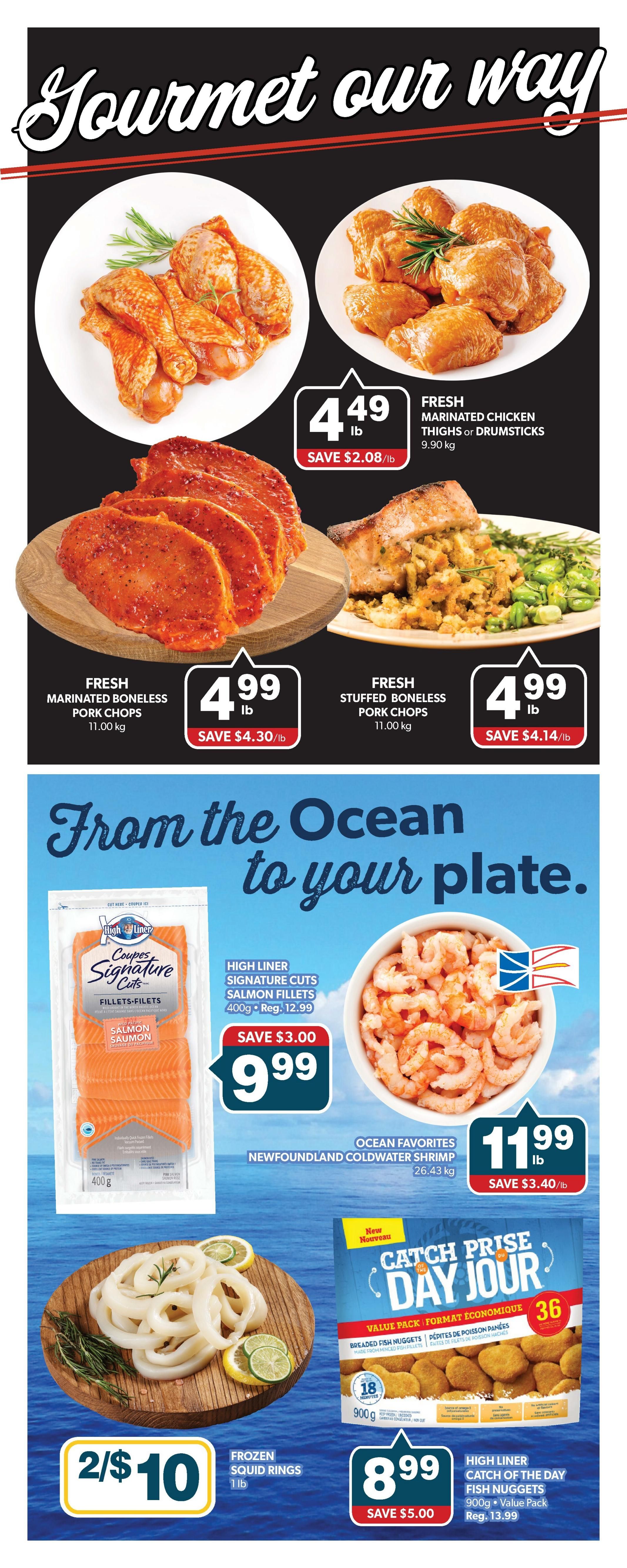 Colemans Weekly Flyer Specials Page 7 features a 'Gourmet our way' section with Fresh Marinated Chicken Thighs or Drumsticks for $4.49/lb, saving $2.08/lb, and Fresh Stuffed Boneless Pork Chops for $4.99/lb, saving $4.30/lb. The page also highlights 'From the Ocean to your plate' with High Liner Signature Cuts Salmon Fillets (400g) on sale for $9.99, saving $3.00 (regularly $12.99), and Ocean Favorites Newfoundland Coldwater Shrimp for $11.99/lb, saving $3.40/lb. Additionally, Frozen Squid Rings (1lb) are available at 2 for $10, and High Liner Catch of the Day Fish Nuggets (900g Value Pack) are priced at $8.99, saving $5.00 (regularly $13.99).