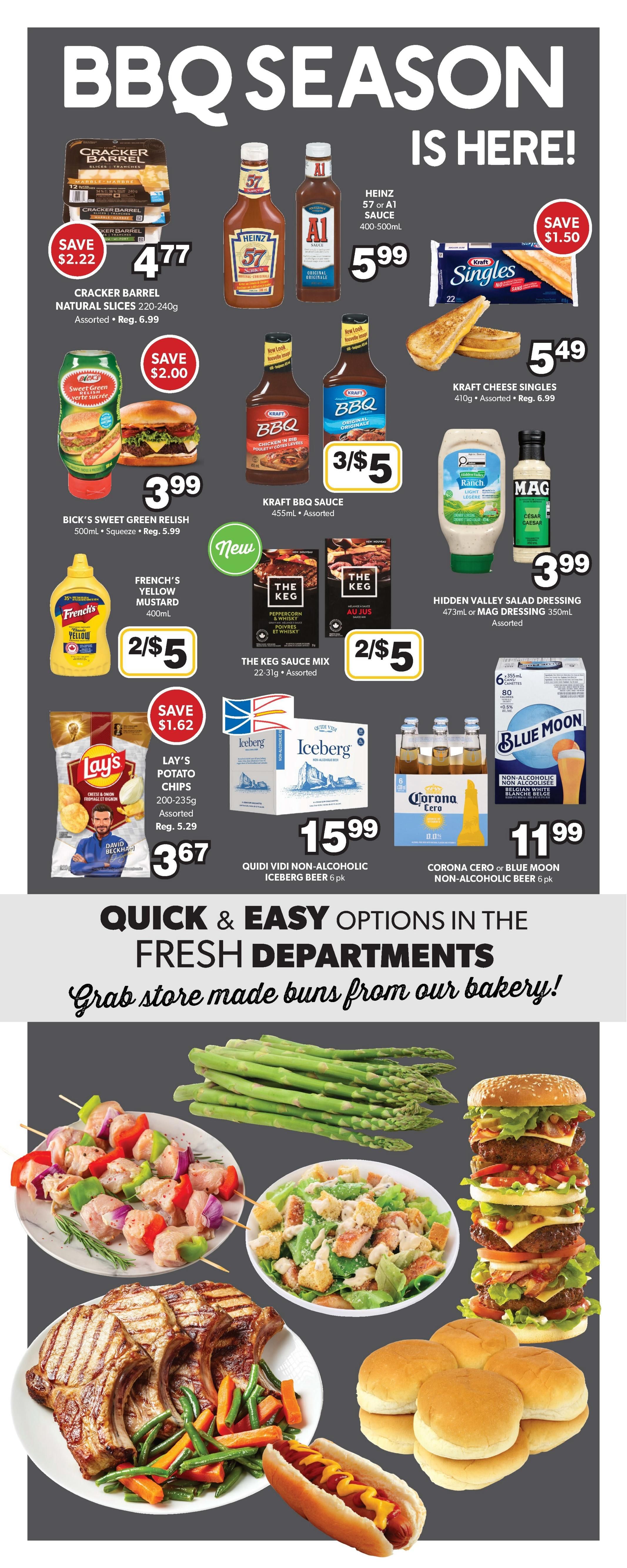 Colemans Weekly Flyer Specials Page 8: BBQ Season is here! Featuring Cracker Barrel Natural Slices 220-240g on sale for $4.77, save $2.22. Heinz 57 or A1 Sauce 400-500mL for $5.99. Kraft Cheese Singles 410g for $5.49, save $1.50. Bick's Sweet Green Relish 500mL for $3.99. Kraft BBQ Sauce 455mL assorted, 3 for $5. French's Yellow Mustard 400mL, 2 for $5. The Keg Sauce Mix 22-31g assorted, 2 for $5. Hidden Valley Salad Dressing 473mL or Mag Dressing 350mL for $3.99. Lay's Potato Chips 200-235g for $3.67, save $1.62. Quidi Vidi Non-Alcoholic Iceberg Beer 6 pk for $15.99. Corona Cero or Blue Moon Non-Alcoholic Beer 6 pk for $11.99. The page also highlights Quick & Easy Options in the Fresh Departments, featuring store-made buns from the bakery, along with images of kebabs, Caesar salad, grilled pork chops with vegetables, hot dogs, and a tall burger stack.