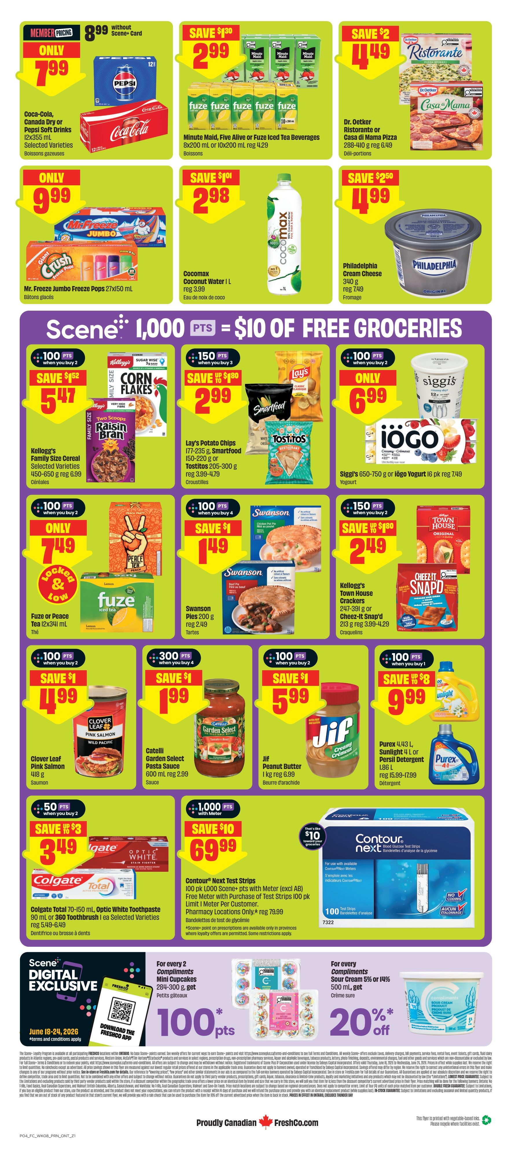 FreshCo Ontario flyer page 2 featuring various grocery specials. Member pricing offers Coca-Cola or Pepsi Soft Drinks 12x355 mL for $7.99. Minute Maid Five Alive or Fuze Iced Tea Beverages 8x200 mL or 10x200 mL are on sale for $2.99. Dr. Oetker Ristorante or Casa di Mama Pizza 288-410 g is $4.49. Mr. Freeze Jumbo Freeze Pops 27x150 mL are only $0.99. Cocomax Coconut Water 1 L is $2.98. Philadelphia Cream Cheese 340 g is $4.99. Scene members can earn 1,000 points for $10 off groceries. Kellogg's Family Size Cereal, selected varieties 450-650 g, is $5.47 when you buy 2. Lay's Potato Chips 177-235 g, Smartfood 150-220 g, or Tostitos 205-300 g are $2.99 when you buy 3. Siggi's or iögo Yogurt 6 pk 740 g is $6.99 when you buy 2. Fuze or Peace Tea 12x341 mL is $7.49. Swanson Pies 200 g are $1.49 when you buy 4. Kellogg's Town House Crackers 247-391 g or Cheez-It Snap'd 213 g are $2.49 when you buy 2. Clover Leaf Pink Salmon 418 g is $4.99 when you buy 2. Catelli Garden Select Pasta Sauce 600 mL is $1.99 when you buy 4. Jif Peanut Butter 1 kg is $5.99 when you buy 2. Purex 4.43 L or Sunlight 4 L Laundry Detergent is $9.99 when you buy 1. Colgate Total 70-150 mL or Optic White Toothpaste 90 mL or 360 Toothbrush 1 ea Selected Varieties are $3.49 when you buy 2. Contour Next Test Strips 100 pk are $69.99 with meter purchase. For every 2 Compliments Mini Cupcakes 284-300 g, get 100 Scene points. For every 2 Compliments Sour Cream 5% or 14% 500 mL, get 20% off.