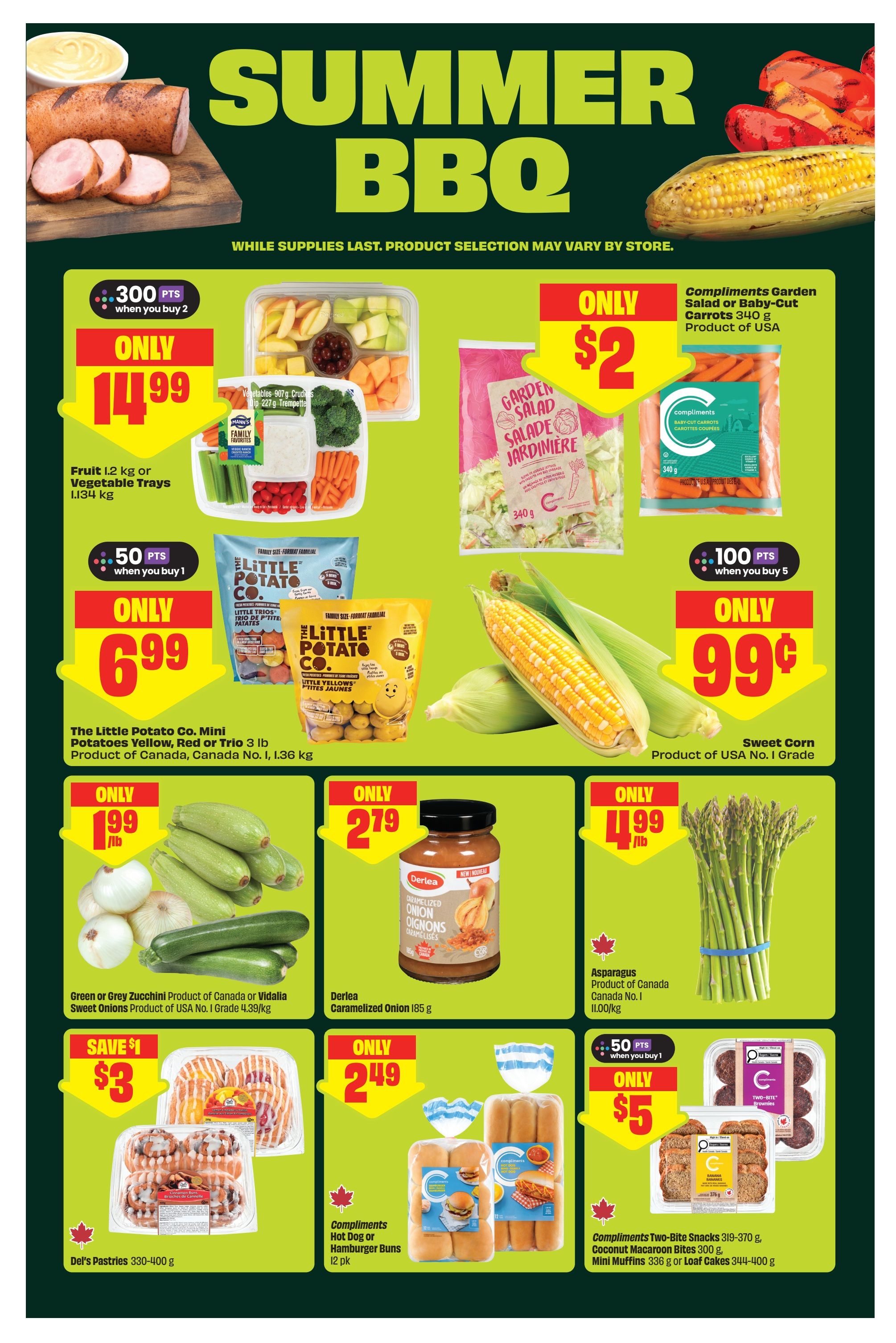 FreshCo Alberta flyer page 5 features a Summer BBQ theme. Promotions include: 300 points when you buy 2 of Fruit 1.2 kg or Vegetable Trays 1.134 kg for only $14.99; Compliments Garden Salad or Baby-Cut Carrots 340 g for only $2; 50 points when you buy 1 of The Little Potato Co. Mini Potatoes Yellow, Red or Trio 3 lb (1.36 kg) for only $6.99; Sweet Corn for only $0.99 each, product of USA No. 1 Grade; Green or Grey Zucchini Product of Canada or Vidalia Sweet Onions Product of USA No. 1 Grade 4.39/kg for only $1.99/lb; Derlea Caramelized Onion 185 g for only $2.79; Asparagus Product of Canada No. 1, 11.00/kg for only $4.99/lb. Also featured are: Save $1 on Del's Pastries 330-400 g for $3; Compliments Hot Dog or Hamburger Buns 12 pk for only $2.49; and 50 points when you buy 1 of Compliments Two-Bite Snacks 319-370 g, Coconut Macaroon Bites 300 g, Mini Muffins 336 g or Loaf Cakes 344-400 g for only $5.