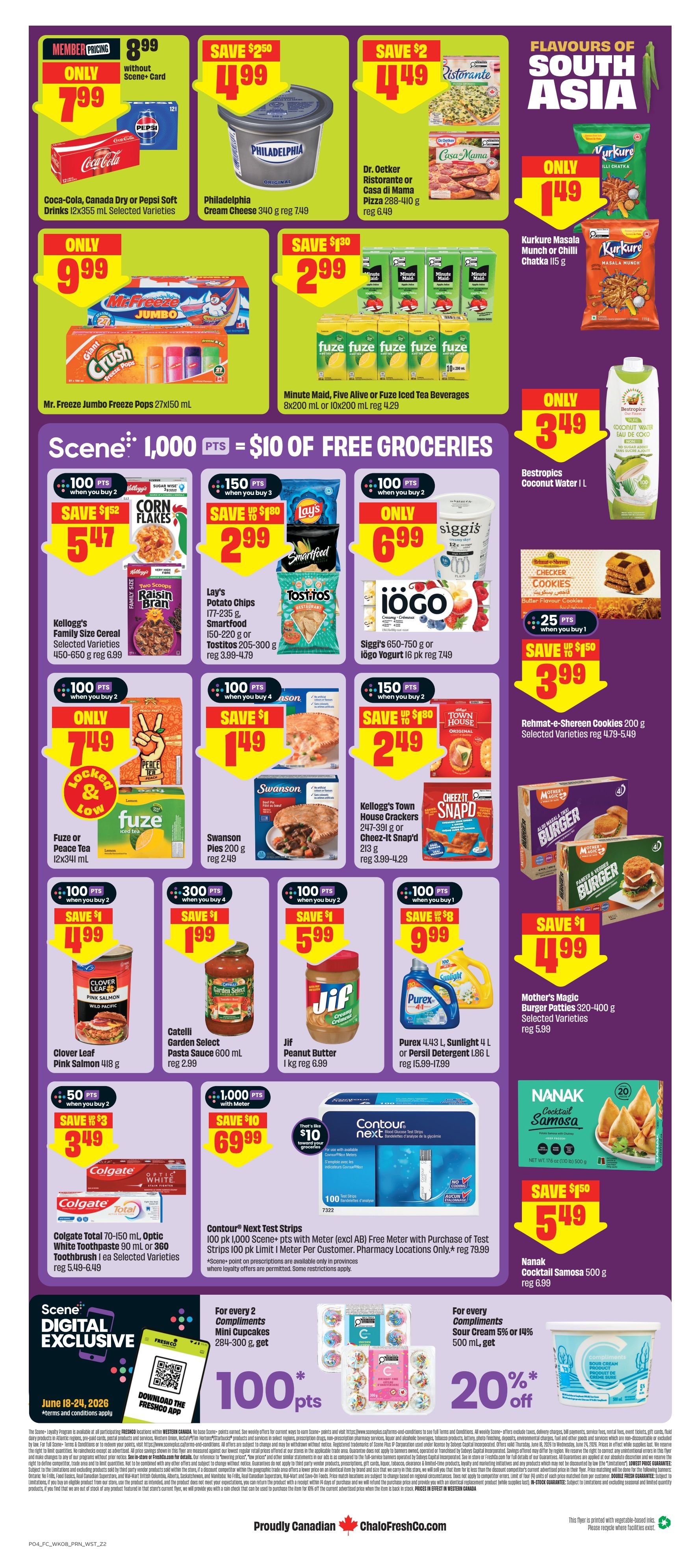 FreshCo flyer page 2 features a variety of grocery deals. Member pricing offers Coca-Cola, Canada Dry or Pepsi soft drinks 12x355 mL selected varieties for $7.99 (regular $8.99). Philadelphia Cream Cheese 340 g is on sale for $4.99 (save $2.50, regular $7.49). Dr. Oetker Ristorante or Casa di Mama Pizza 288-410 g is $4.49 (save $2, regular $6.49). Kurkure Munch or Chilli Chatka 115 g is $1.49. Bestropics Coconut Water 1 L is $3.49. Mr. Freeze Jumbo Freeze Pops 27x150 mL are $9.99. Minute Maid, Five Alive or Fuze Iced Tea Beverages 8x200 mL or 10x200 mL are $2.99 (save $1.30, regular $4.29). Scene+ members can earn points on various purchases: 100 points when you buy 2 Kellogg's Family Size Cereal selected varieties 450-650 g for $5.47 (save $1.52, regular $6.99). 150 points when you buy 3 Lay's Potato Chips 177-235 g, Smartfood 150-220 g or Tostitos 205-300 g for $2.99 (save $1.80). 100 points when you buy 2 Siggi's 650-750 g or iögo Yogurt 10 pk for $6.99. 100 points when you buy 2 Fuze or Peace Tea 12x341 mL for $7.49. 150 points when you buy 4 Swanson Pies 200 g for $1.49 (save $1, regular $2.49). 150 points when you buy 2 Kellogg's Town House Crackers 247-391 g or Cheez-it Snap'd 213 g for $2.49 (save $1.80, regular $3.99-4.29). Clover Leaf Pink Salmon 418 g is $4.99 (save $1, regular $5.99). Catelli Garden Select Pasta Sauce 600 mL is $1.99 (save $1, regular $2.99). Jif Peanut Butter 1 kg is $5.99 (save $1, regular $6.99). Purex 4.43 L Laundry Detergent or Sunlight 1.86 L Fabric Softener is $9.99 (save $8, regular $15.99-17.99). Colgate Total 70-150 mL, Optic White Toothpaste 90 mL or 360 Toothbrush 1 ea selected varieties are $3.49 (save $3, regular $5.49-6.49). Mother's Magic Burger Patties 320-400 g selected varieties are $4.99 (save $1, regular $5.99). Nanak Cocktail Samosa 500 g is $5.49 (save $1.50, regular $6.99). Contour Next Test Strips 100 pk are $69.99 with Scene+ points or free meter with purchase of test strips. For every 2 Compliments Mini Cupcakes 284-300 g, get 100 Scene+ points. For every 2 Compliments Sour Cream 5% or 14% 500 mL, get 20% off.