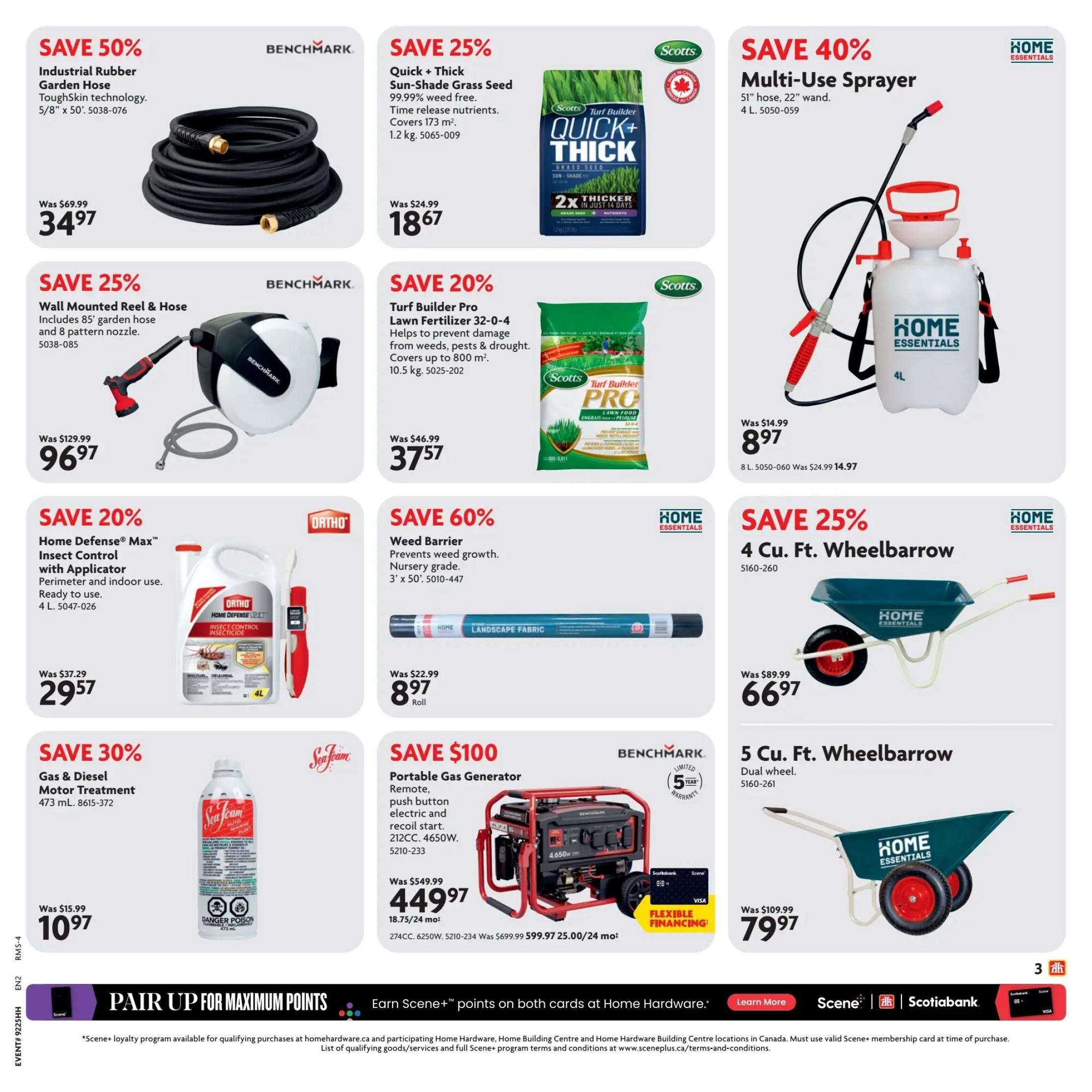 Home Hardware Atlantic flyer page 4 features savings on various home and garden items. Save 50% on a Benchmark Industrial Rubber Garden Hose, 5/8' x 50', for $34.97. Save 25% on a Benchmark Wall Mounted Reel & Hose with 8 pattern nozzle for $96.97. Save 20% on Home Defense Max Insect Control with Applicator, 4 L, for $29.57. Save 30% on Sea Foam Gas & Diesel Motor Treatment, 473 mL, for $10.97. Scotts offers a Quick + Thick Sun-Shade Grass Seed, 1.2 kg, for $18.67 and Turf Builder Pro Lawn Fertilizer 32-0-4, 10.5 kg, for $37.57. Home Essentials has a Multi-Use Sprayer, 4 L, on sale for $8.97. Also available are a Home Essentials 4 Cu. Ft. Wheelbarrow for $66.97 and a 5 Cu. Ft. Wheelbarrow for $79.97. Save 60% on Home Essentials Weed Barrier, 3' x 50', for $8.97 per roll. A Benchmark Portable Gas Generator, 212CC, 4650W, is on sale for $449.97, saving $100. The bottom banner promotes earning Scene+ points on both cards at Home Hardware.