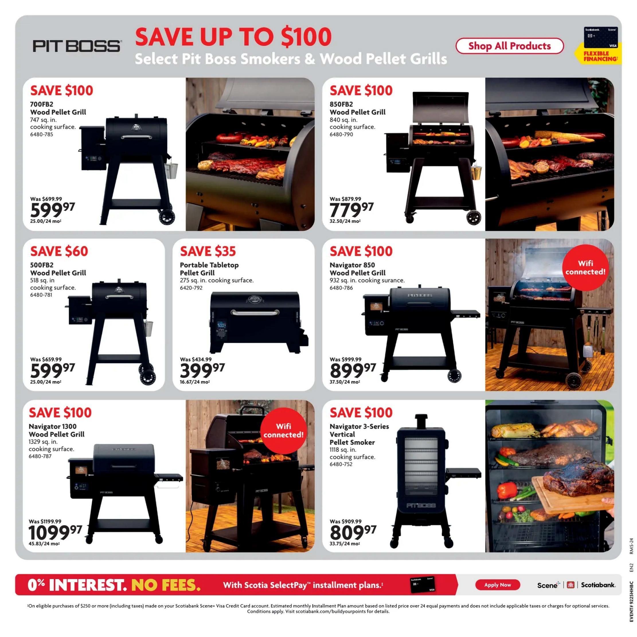 Home Hardware flyer specials page featuring Pit Boss smokers and wood pellet grills with savings up to $100. Featured products include the 700FB2 Wood Pellet Grill (747 sq. in. cooking surface) for $599.97 (was $699.99), the 850FB2 Wood Pellet Grill (840 sq. in. cooking surface) for $779.97 (was $879.99), the 500FB2 Wood Pellet Grill (518 sq. in. cooking surface) for $599.97 (was $659.99), the Portable Tabletop Pellet Grill (275 sq. in. cooking surface) for $399.97 (was $434.99), the Navigator 850 Wood Pellet Grill (932 sq. in. cooking surface) for $899.97 (was $999.99), the Navigator 1300 Wood Pellet Grill (1329 sq. in. cooking surface) for $1099.97 (was $1199.99), and the Navigator 3-Series Vertical Pellet Smoker (1118 sq. in. cooking surface) for $809.97 (was $909.99). Some grills feature 'Wifi connected!'. The page also advertises 0% interest, no fees with Scotiabank SelectPay installment plans on eligible purchases of $250 or more. Options to 'Shop All Products' and apply for financing are available.