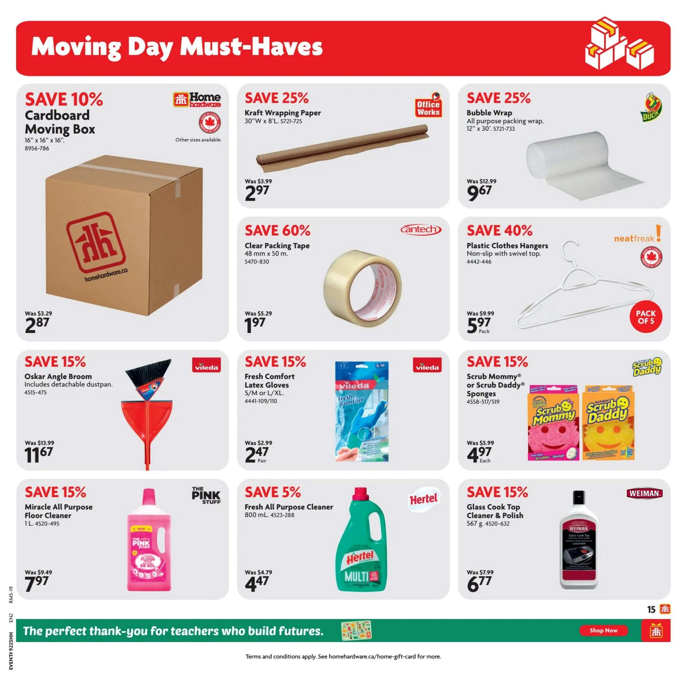 Home Hardware flyer page 11, featuring 'Moving Day Must-Haves'. Save 10% on Home Hardware Cardboard Moving Boxes, 16' x 16' x 16', now $2.87. Save 25% on Kraft Wrapping Paper, 30' W x 8' L, for $2.97. Save 25% on Duck Brand Bubble Wrap, all-purpose packing wrap, 12' x 30', for $9.67. Save 60% on Cantech Clear Packing Tape, 48 mm x 50 m, for $1.97. Save 40% on Neatfreak Plastic Clothes Hangers, non-slip with swivel top, pack of 5, for $5.97. Save 15% on Vileda Oskar Angle Broom with detachable dustpan, for $11.67. Save 15% on Vileda Fresh Comfort Latex Gloves, S/M or L/XL, for $2.47 per pair. Save 15% on Scrub Mommy or Scrub Daddy Sponges, for $4.97 each. Save 15% on The Pink Stuff Miracle All Purpose Floor Cleaner, 1 L, for $7.97. Save 5% on Hertel Fresh All Purpose Cleaner, 800 mL, for $4.47. Save 15% on Weiman Glass Cook Top Cleaner & Polish, 567 g, for $6.77. The bottom banner reads 'The perfect thank-you for teachers who build futures.' with a 'Shop Now' button.