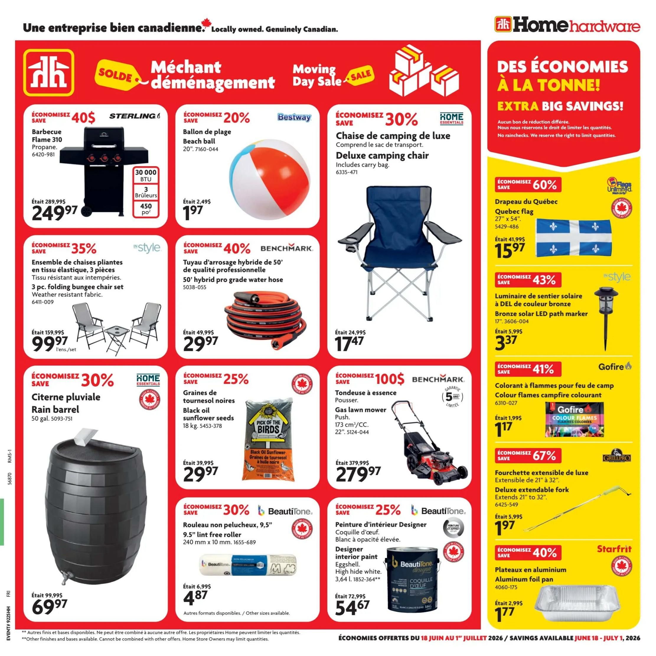 Home Hardware flyer page featuring 'Moving Day Sale' with significant savings. Top row includes a Sterling barbecue Flame 310 on sale for $249.97 (save $40), a Bestway beach ball for $1.97 (save 20%), and a Deluxe camping chair with carry bag for $17.47 (save 30%). Middle row features a 3 pc. folding bungee chair set for $99.97 (save 35%), a Benchmark 50' hybrid pro grade water hose for $29.97 (save 40%), and a Quebec flag for $15.97 (save 60%). The right side also highlights a bronze LED path marker for $3.37 (save 43%) and Gofire colour flames campfire colourant for $1.17 (save 41%). Bottom row offers a 50 gal. rain barrel for $69.97 (save 30%), black oil sunflower seeds for $29.97 (save 25%), a Benchmark gas lawn mower for $279.97 (save $100), a Beautitone 9.5' lint free roller for $4.87 (save 30%), a Deluxe extendable fork for $1.97 (save 67%), and a Starfrit aluminum foil pan for $1.77 (save 40%). Savings are valid from June 18 to July 1, 2026.