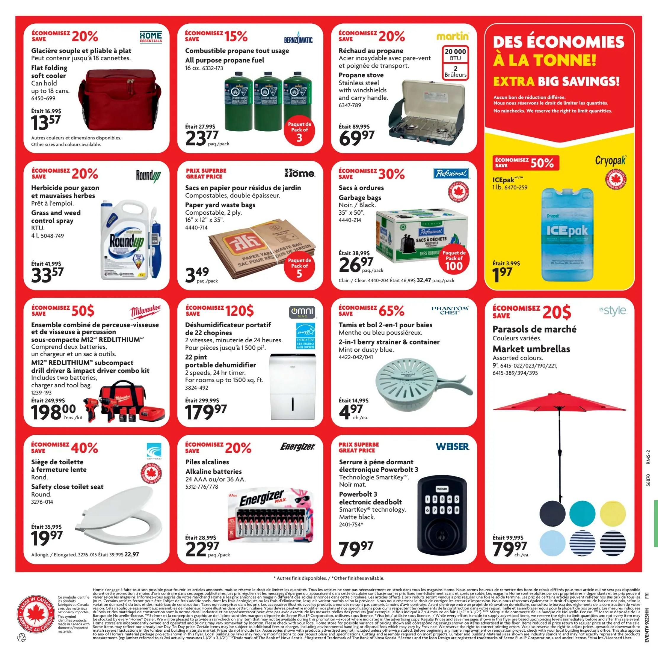 Home Hardware flyer page 2 features a 20% discount on a Home Essentials flat folding soft cooler, now $13.57, capable of holding up to 18 cans. Also on sale is Roundup Grass and Weed Control Spray for 20% off, priced at $33.57. Milwaukee's M12 REDLITHIUM subcompact drill driver & impact driver combo kit is available for $198.00, a 50% saving. A safety close toilet seat is 40% off at $19.97. In the centre, there's a 15% saving on All Purpose Propane Fuel, 3 x 16 oz. for $23.77. Paper yard waste bags, compostable and double thick, are on special for $3.49 per pack. A 22 pint portable dehumidifier is 120% off, selling for $179.97. Energizer Alkaline Batteries (24 AAA or 36 AA) are 20% off at $22.97 per pack. On the right side, a propane stove is 20% off at $69.97. Professional garbage bags, 35' x 50', are 30% off, with a pack of 5 for $26.97 and a pack of 100 for $32.47. A Phantom Chef 2-in-1 berry strainer & container in mint or dusty blue is 65% off, priced at $4.97 each. Market umbrellas in assorted colours are 20% off at $79.97 each. Finally, a Weiser Powerbolt 3 electronic deadbolt SmartKey technology in matte black is $79.97, and ICEpak 1 lb. reusable ice packs are 50% off, selling for $1.97.