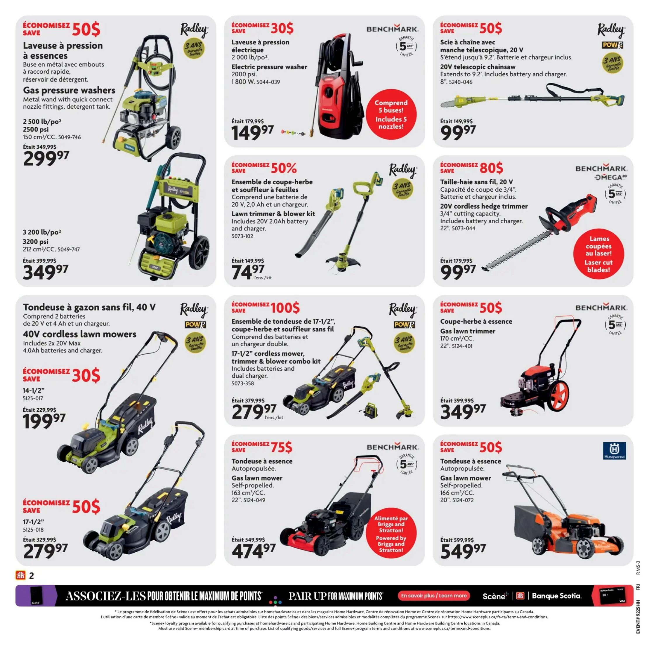 Home Hardware flyer specials page 3 features several outdoor power equipment deals. Top left: Radley gas pressure washer, 2500 psi, for $299.97, saving $50. Next to it, a Radley electric pressure washer, 2000 psi, 1800W, is on sale for $149.97, saving $30. To the right, a Benchmark 20V telescopic chainsaw extends to 9.2', includes battery and charger, for $99.97, saving $50. Below the gas pressure washer, a larger Radley gas pressure washer, 3200 psi, is priced at $349.97. In the middle row, a Radley 20V lawn trimmer and blower kit with battery and charger is $74.97, saving 50%. Next to it, a Benchmark 20V cordless hedge trimmer with 3/4' cutting capacity, including battery and charger, is $99.97, saving $80. Bottom row left: A Radley 40V cordless lawn mower, 14-1/2' cutting width, with 2 batteries and charger, is $199.97, saving $30. To its right, a Radley 17-1/2' cordless mower, trimmer & blower combo kit with dual charger is $279.97, saving $100. Below the hedge trimmer, a Benchmark gas lawn mower, 170 cm³/CC, 22', is $349.97, saving $50. Finally, a Husqvarna self-propelled gas lawn mower, 163 cm³/CC, 20', is on sale for $549.97, saving $75.