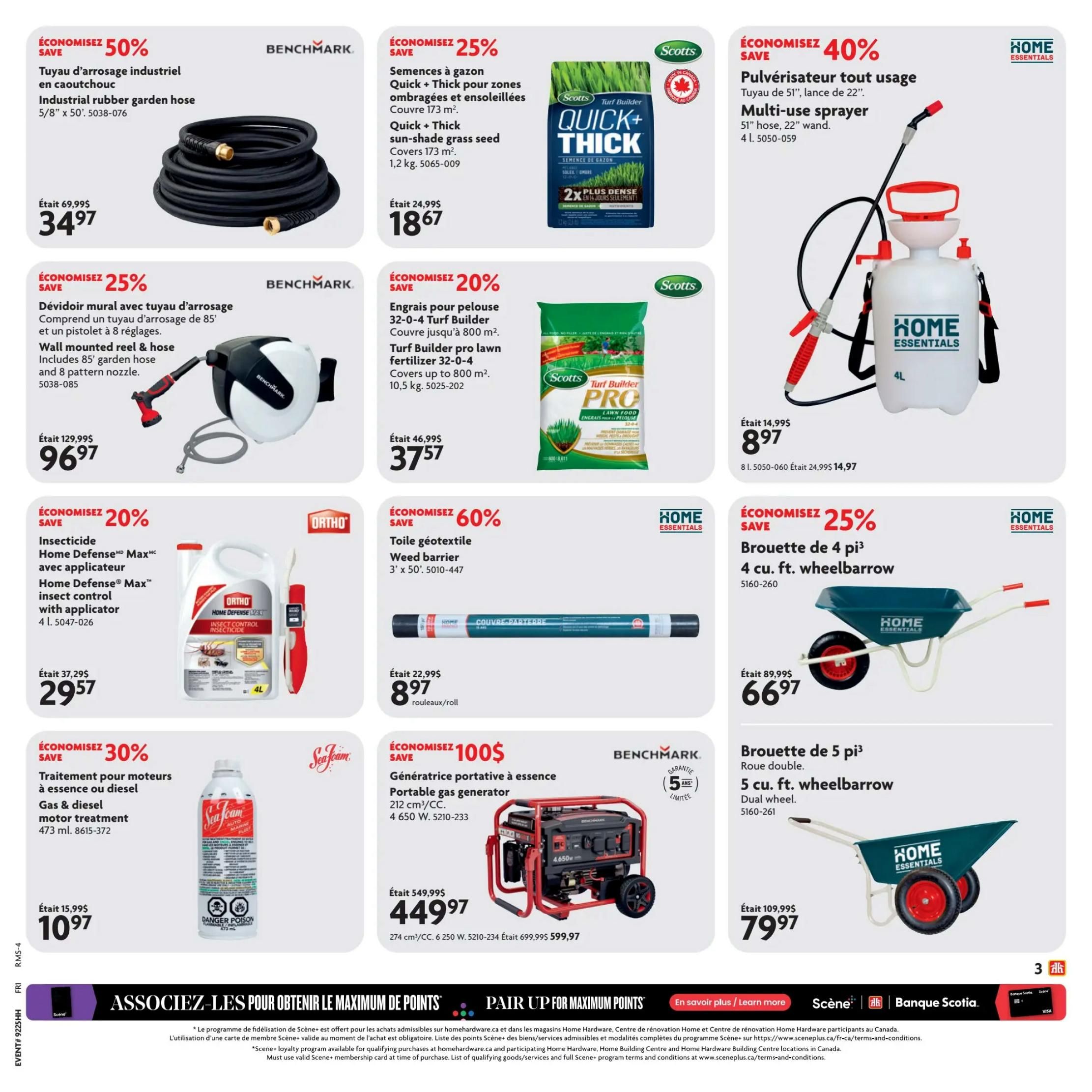 Home Hardware flyer page 4 featuring various home and garden products. Save 50% on a Benchmark industrial rubber garden hose, 5/8' x 50', for $34.97. Save 25% on a wall-mounted reel & hose with 85' garden hose and 8-pattern nozzle for $96.97. Save 20% on Home Defense Max insect control with applicator, 4 L, for $29.57. Save 30% on Sea Foam Gas & Diesel motor treatment, 473 ml, for $10.97. Save 25% on Scotts Quick + Thick sun-shade grass seed, covers 173 m², 1.2 kg, for $18.67. Save 20% on Scotts Turf Builder Pro lawn fertilizer 32-0-4, covers up to 800 m², 10.5 kg, for $37.57. Save 40% on a Home Essentials multi-use sprayer with 51' hose and 22' wand, 4 L, for $8.97. Save 60% on Home Essentials weed barrier, 3' x 50', for $8.97 per roll. Save 25% on a Home Essentials 4 cu. ft. wheelbarrow with dual wheels for $66.97. Save 25% on a Home Essentials 5 cu. ft. wheelbarrow with dual wheels for $79.97. Save $100 on a Benchmark portable gas generator, 212 cm³/CC, 4 650 W, for $449.97.