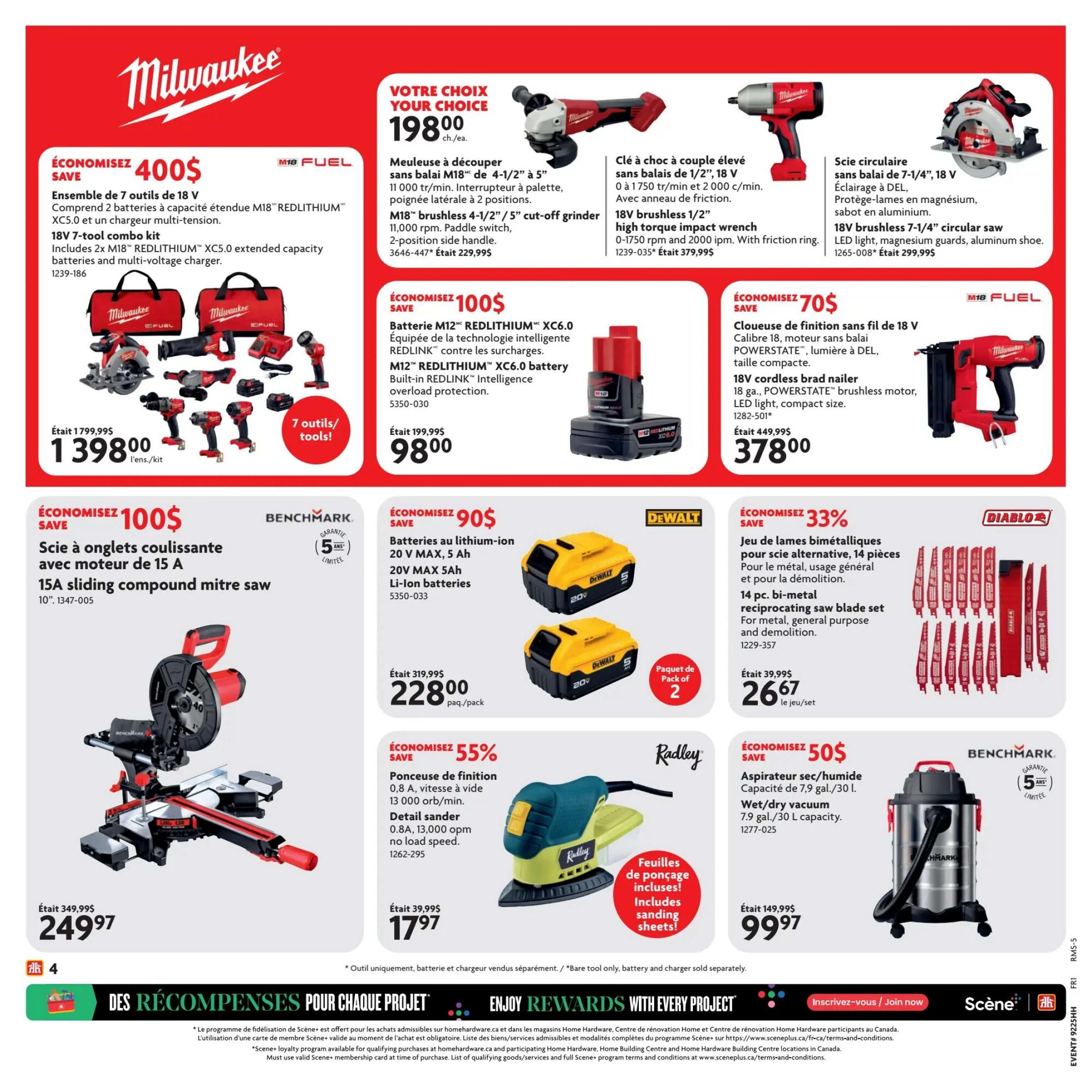 Home Hardware flyer page 5 features a Milwaukee 18V 7-tool combo kit with M18 REDLITHIUM XC5.0 batteries and multi-voltage charger on sale for $1,398.00, saving $400. Also featured is a Milwaukee M12 REDLITHIUM XC6.0 battery for $98.00, saving $100. A Milwaukee 18V cordless brad nailer is available for $378.00, saving $70. Other Milwaukee tools include an 18V brushless 4-1/2'/5' cut-off grinder for $198.00, an 18V brushless 1/2' high torque impact wrench for $198.00, and an 18V brushless 7-1/4' circular saw for $198.00. The flyer also showcases a Benchmark 15A sliding compound mitre saw for $249.97, saving $100. DeWalt 20V MAX 5 Ah Li-ion batteries (2-pack) are on sale for $228.00, saving $90. A Radley detail sander is priced at $17.97, saving 55%. Additionally, a Diablo 14 pc. bi-metal reciprocating saw blade set is available for $26.67, saving 33%. Finally, a Benchmark wet/dry vacuum with 7.9 gal./30 L capacity is offered for $99.97, saving $50.