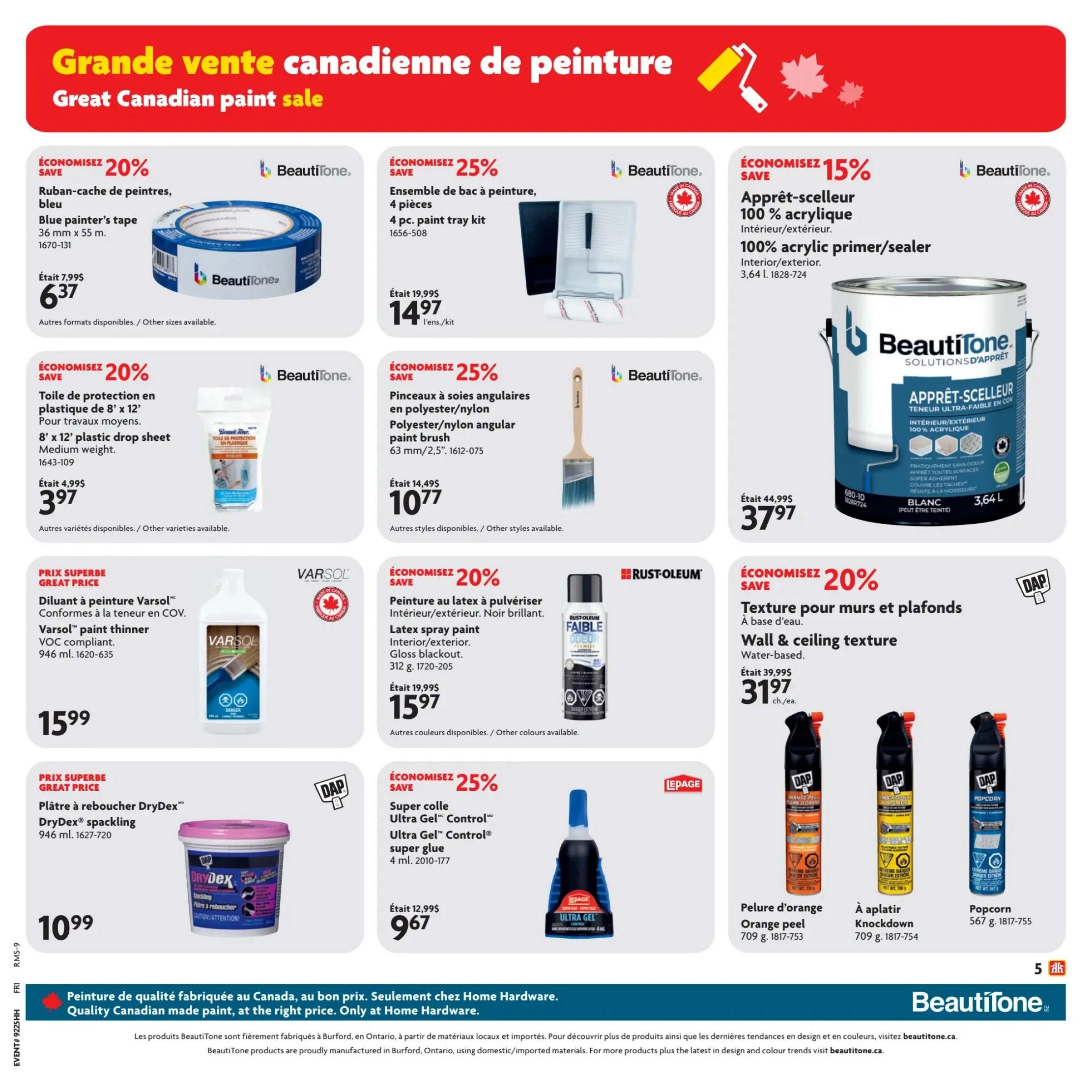 Home Hardware flyer page 6 features a Great Canadian paint sale. Save 20% on BeautiTone blue painter's tape, 36 mm x 55 m, now $6.37. Also save 20% on BeautiTone 8' x 12' plastic drop sheets, medium weight, for $3.97. Get a 4 pc. paint tray kit for $14.97 (25% off). BeautiTone 100% acrylic primer/sealer, interior/exterior, 3.64 L is on sale for $37.97 (15% off). Save 20% on Rust-Oleum latex spray paint, interior/exterior, gloss blackout, 312 g, for $15.97. VarSol paint thinner, VOC compliant, 946 ml, is a great price at $15.99. DryDex spackling, 946 ml, is $10.99. Save 25% on BeautiTone polyester/nylon angular paint brushes, 63 mm/2.5', for $10.77. DAP wall & ceiling texture, water-based, is on sale for $31.97. Save 25% on LePage Ultra Gel Control super glue, 4 ml, for $9.67. Also featured are DAP spray paints in Orange Peel, Knockdown, and Popcorn scents, 709 g and 567 g.