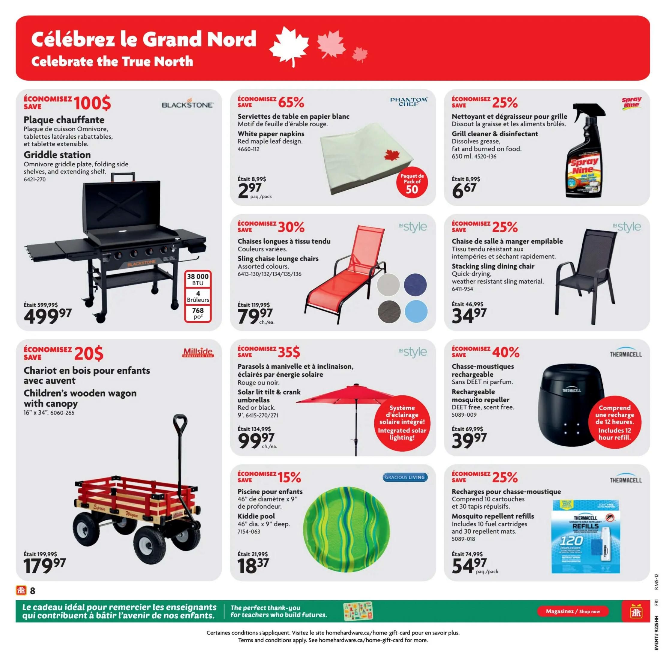Home Hardware flyer page 9 features a Blackstone Griddle Station on sale for $499.97, saving $100. Also featured are Phantom Chef 50-pack white paper napkins with a red maple leaf design for $2.97, saving 65%. Spray Nine Grill cleaner & disinfectant is 650 ml for $6.67, saving 25%. InStyle sling chaise lounge chairs are $79.97 each, saving 30%. InStyle stacking sling dining chairs are $34.97 each, saving 25%. A Millside children's wooden wagon with canopy is $179.97, saving $20. InStyle solar tilt & crank umbrellas (red or black) are $99.97 each, saving $35. Thermacell rechargeable mosquito repellers are $39.97, saving 40%. Gracious Living 46' kiddie pool is $18.37, saving 15%. Thermacell mosquito repellent refills (10 cartridges and 30 mats) are $54.97 per pack, saving 25%. The bottom of the page has a message about teacher appreciation gifts.