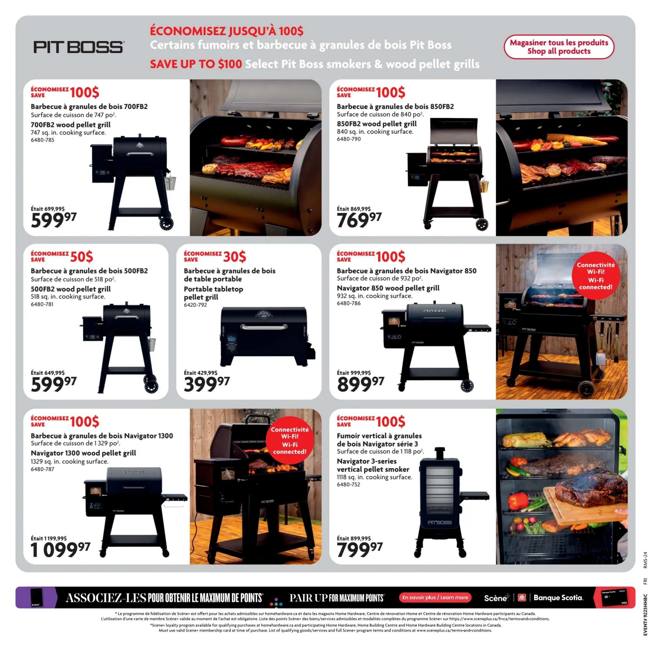 Home Hardware flyer specials page featuring Pit Boss smokers and wood pellet grills. Save up to $100 on select models. The Pit Boss 700FB2 wood pellet grill with 747 sq. in. cooking surface is on sale for $599.97, down from $699.99. The Pit Boss 850FB2 wood pellet grill with 840 sq. in. cooking surface is $769.97, down from $869.99. Also available is the Pit Boss 500FB2 wood pellet grill with 518 sq. in. cooking surface for $599.97, a saving of $50. The portable tabletop pellet grill is $399.97, saving $30. The Pit Boss Navigator 850 wood pellet grill with 932 sq. in. cooking surface and Wi-Fi connectivity is $899.97, saving $100. The Pit Boss Navigator 1300 wood pellet grill with 1329 sq. in. cooking surface is $1,099.97, saving $100. The Navigator 3-series vertical pellet smoker with 1118 sq. in. cooking surface and Wi-Fi connectivity is $799.97, saving $100. The bottom of the page promotes associating with Scene+ for maximum points, with details on the Scene+ loyalty program.