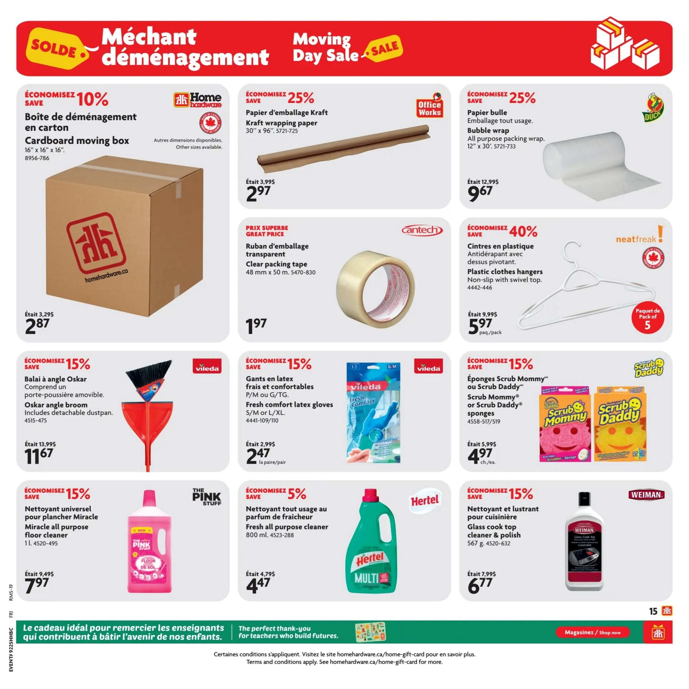 Home Hardware Moving Day Sale flyer page featuring various home organization and cleaning products. Save 10% on Home Hardware cardboard moving boxes, 16' x 16' x 16', now $2.87. Save 25% on Kraft wrapping paper, 30' x 96', for $2.97, and on Duck brand all-purpose bubble wrap, 12' x 30', for $9.67. Get Cantech clear packing tape, 48 mm x 50 m, at a great price of $1.97. Save 40% on Neatfreak plastic non-slip hangers with swivel top, pack of 5, for $5.97. Vileda Oskar angle broom with detachable dustpan is 15% off, now $11.67. Vileda fresh comfort latex gloves in S/M or M/L/XL are 15% off, $2.47 per pair. Scrub Mommy or Scrub Daddy sponges are 15% off, $4.97 each. The Pink Stuff Miracle all-purpose floor cleaner, 1 L, is 15% off, now $7.97. Hertel fresh all-purpose cleaner, 800 ml, is 5% off, now $4.47. Weiman glass cook top cleaner & polish, 567 g, is on sale for $6.77.77.77. The bottom banner promotes a gift idea for teachers.