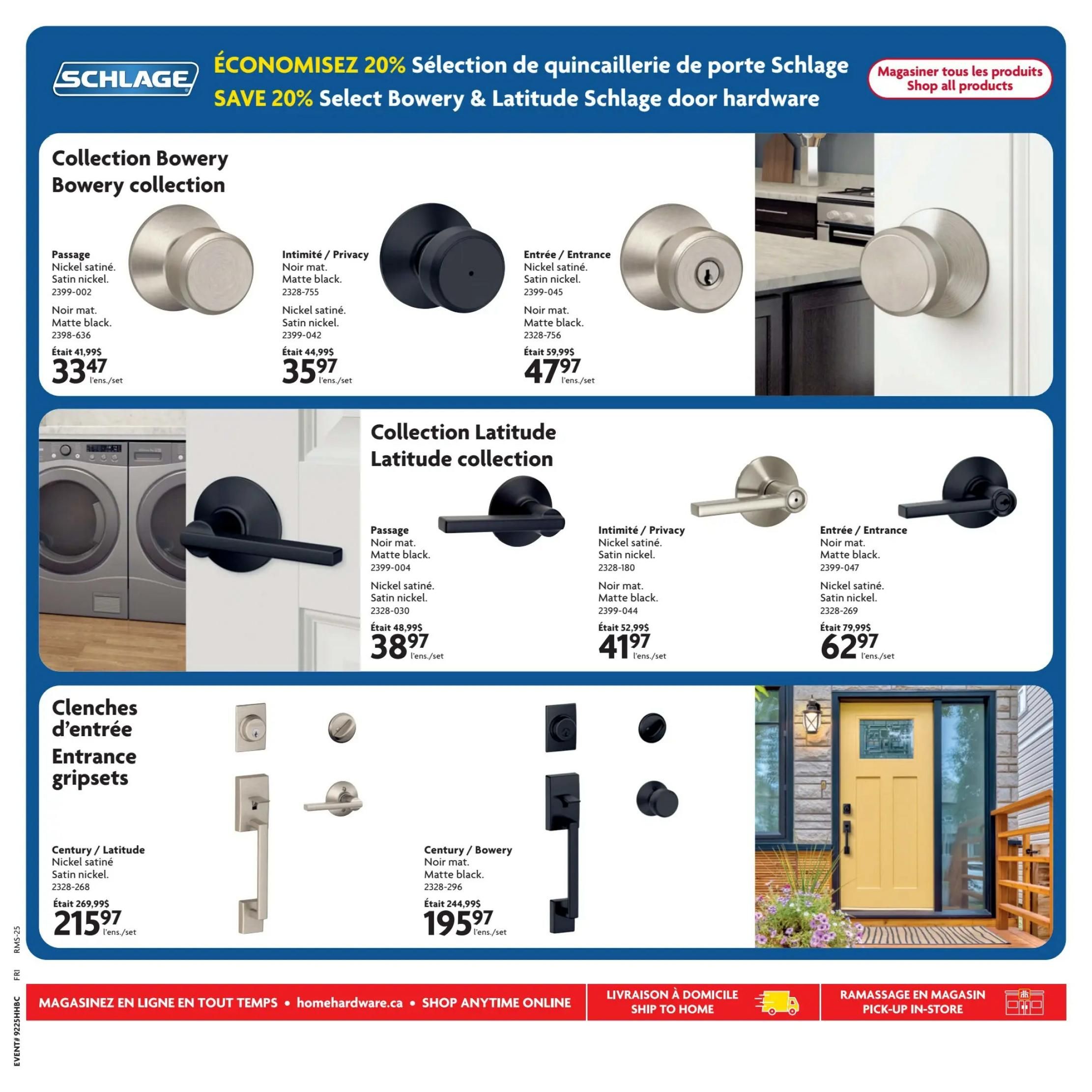 Home Hardware flyer page 12 featuring Schlage door hardware with a 20% saving on select Bowery & Latitude collections. The Bowery collection includes Passage knobs in Satin Nickel for $33.47 (was $41.99) and Matte Black for $35.97 (was $44.99). The Latitude collection offers Passage knobs in Matte Black for $38.97 (was $48.99) and Satin Nickel for $41.97 (was $52.99). Entrance/Entrance knobs are available in Satin Nickel for $47.97 (was $59.99) and Matte Black for $62.97 (was $79.99). Entrance grip sets are featured: Century/Latitude in Satin Nickel for $215.97 (was $269.99) and Century/Bowery in Matte Black for $195.97 (was $244.99). Shop all products online at homehardware.ca.