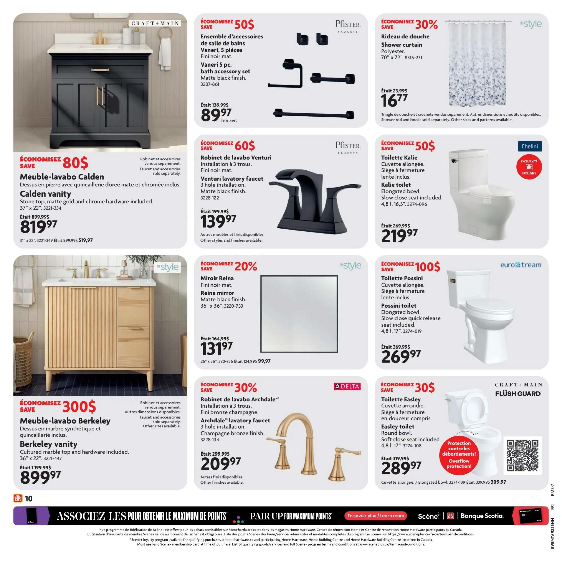 Home Hardware flyer page featuring bathroom fixtures. Offers include the Calden vanity for $819.97 (save $80), with a stone top and matte gold and chrome hardware. Also available is the Berkeley vanity for $899.97 (save $300), featuring a cultured marble top and hardware. Bathroom accessory sets are on sale, including the Vaneri 5-piece set in matte black finish for $89.97 (save $50). Faucets include the Venturi lavatory faucet in matte black finish for $139.97 (save $60) and the Archdale lavatory faucet in champagne bronze finish for $209.97 (save $30). The Reina mirror in matte black finish is $131.97 (save 20%). Toilets on sale are the Kalie toilet for $219.97 (save $50) and the Possini toilet for $269.97 (save $100). The Easley toilet is $289.97 (save $30) and features overflow protection. A shower curtain is available for $16.77 (save 30%). The page also promotes Scene+ loyalty program points.