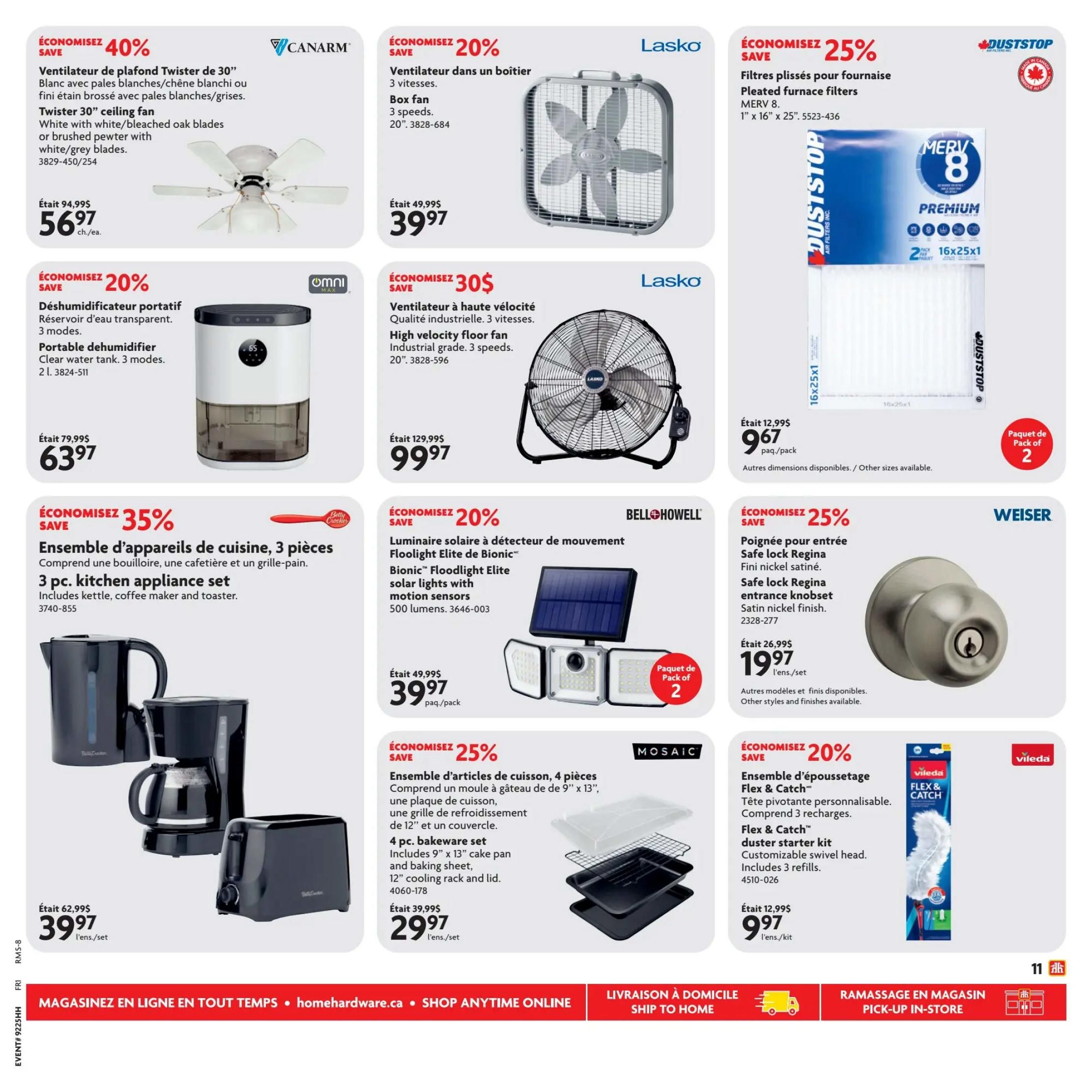 Home Hardware flyer page 15 featuring various home goods on sale. Save 40% on a Canarm Twister 30' ceiling fan with white or bleached oak blades for $56.97. Save 20% on a Lasko box fan, 20' with 3 speeds, for $39.97. Save 20% on Duststop pleated furnace filters, MERV 8, 1' x 16' x 25', 2-pack for $9.67. Save 20% on an Omni portable dehumidifier with a clear water tank and 3 modes for $63.97. Save $30 on a Lasko high velocity floor fan, industrial grade, 20', with 3 speeds for $99.97. Save 35% on a 3-piece kitchen appliance set including a kettle, coffee maker, and toaster for $39.97. Save 20% on Bell+Howell Bionic Floodlight Elite solar lights with motion sensors, 500 lumens, 2-pack for $39.97. Save 25% on a Weiser Safe Lock Regina entrance knobset in satin nickel finish for $19.97. Save 25% on a Mosaic 4-piece bakeware set including a 9'x13' cake pan, baking sheet, 12' cooling rack, and lid for $29.97. Save 20% on a Vileda Flex & Catch duster starter kit with customizable swivel head and 3 refills for $9.97.