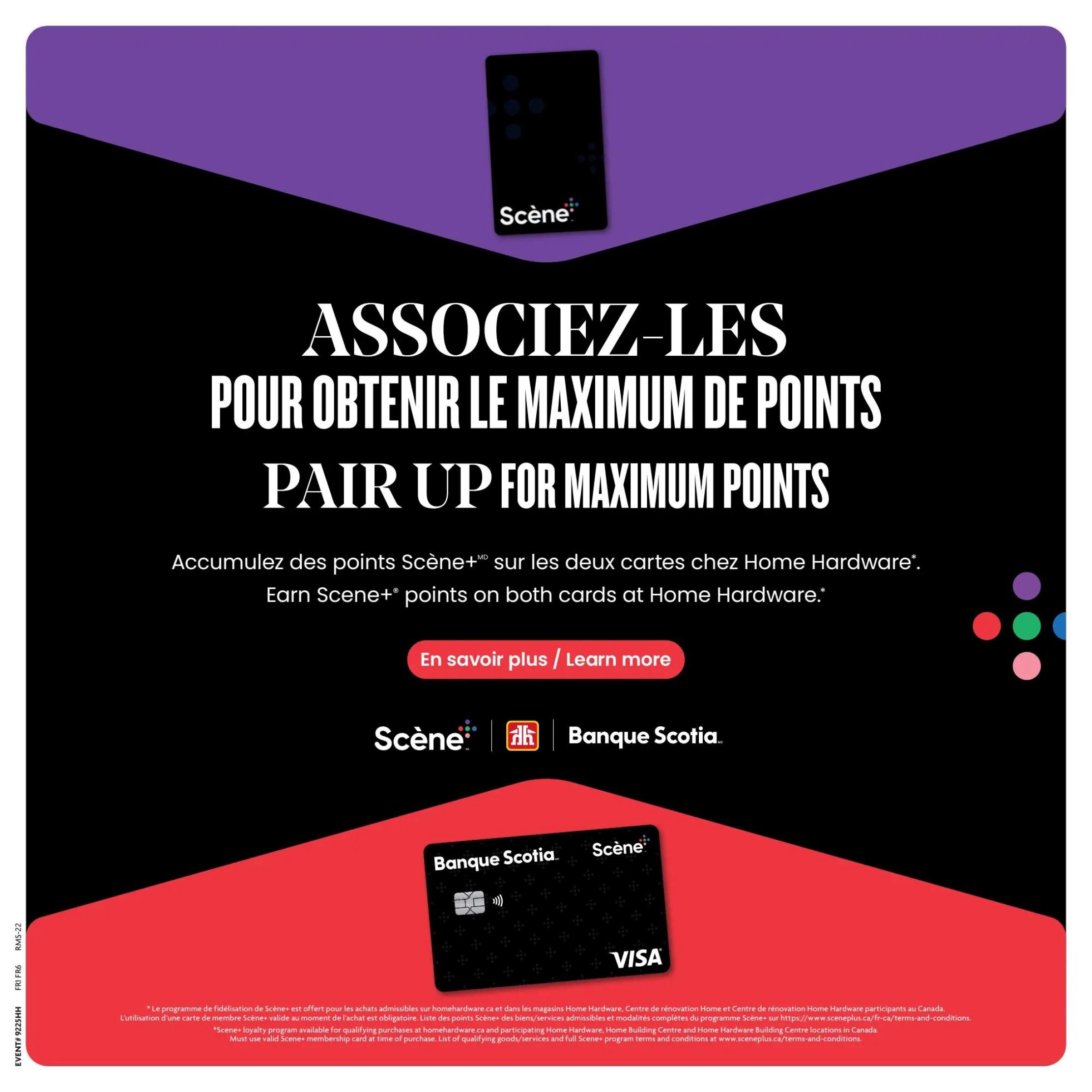 Home Hardware flyer page 16 promoting Scene+ points. Features the text 'Pair Up for Maximum Points' and 'Earn Scene+ points on both cards at Home Hardware'. Includes images of Scene+ cards and a Scotiabank Scene+ Visa card. A button reads 'En savoir plus / Learn more'. The bottom section details the Scene+ loyalty program and provides a web address for terms and conditions.