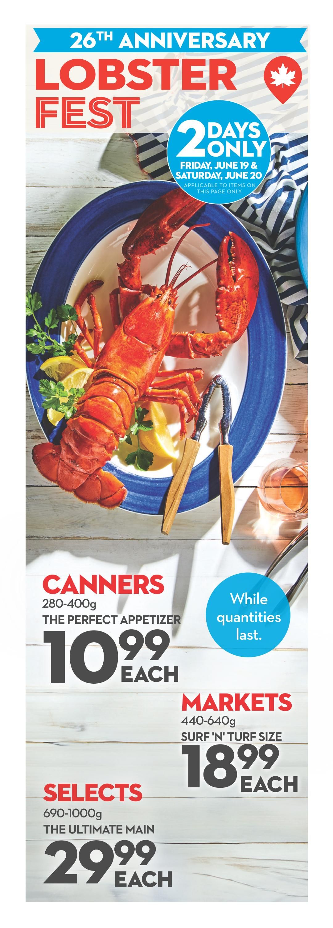 Longo's weekly flyer specials, page 2, featuring 'Dive Into Deals' from June 18 - June 24. Offers include Lobster Roll or 3 Pack Sliders for $10.99. Longo's Marinated Garlic & Herbs Butterfly Shrimp, 340g pkg, is on sale for $8.99, saving $6. Also featured is Ocean Prime Frozen Cooked Black Tiger Shrimp, 13-15ct, 454g pkg, for $22.99, saving $4. Previously Frozen Cooked Black Tiger Shrimp, 13-15ct, is available at 3 for $5.