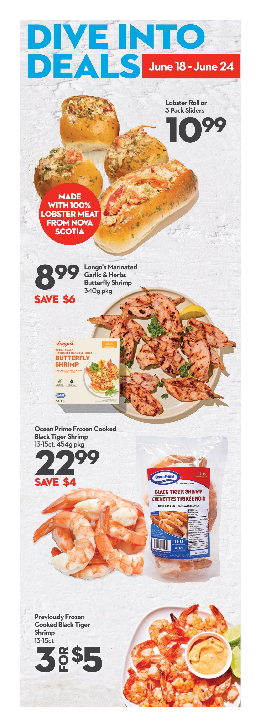 Longo's Weekly Flyer Specials, Page 3. This week members save over $25. Featured are Organic Fresh Blueberries, 6oz pkg, for $2.99 (save $4, non-member $6.99). Schneiders Bacon, 100-375g pkg, selected varieties, is $3.99 (save $5, non-member $8.99). Marina Del Ray Frozen Argentinian Shrimp, 300g pkg, selected varieties, is $6.99 (save $6, non-member $12.99). Also featured is a large cut of Canada AAA Grade Beef Rib Steak for $16.99/lb (save $8/lb), with a suggestion to try it with Longo's Fresh Whole or Sliced King Oyster Mushrooms, 200g pkg. Fresh Seedless Watermelon, product of U.S.A., is $6.99 each. Supporting Local: Fresh Atlantic Salmon Portion, 113g skin on, is $4.99 (save $1). Monsieur Gustav Havarti Cheese, creamy or jalapeño, 2.00/100g, is 50% off. Classico Pasta Sauce, 410-600mL jar, selected varieties, is $2.99 (save $3.50). Longo's Fresh Tri-Colour Peppers, product of Ontario, 3 pack, is $4.99. Kawartha Dairy Ice Cream, 1.5L tub, is $6.99 (save $3.50). Rummo Pasta, 500g pkg, selected varieties, is $2.99 (save $1.50). Lavazza Rosso or Crema e Gusto Espresso Beans, 1kg pkg, is $24.99 (save at least $8). Tide Liquid Laundry Detergent, 83-100 loads, pods or Gain Flings 45-76ct or Ivory Snow Pods 45ct, selected varieties, is $19.99 (save at least $5). The flyer highlights 'Voted #1 Grocery Store in Ontario! WOW Leger' with a note about the 2026 Leger WOW In-Store Experience survey.