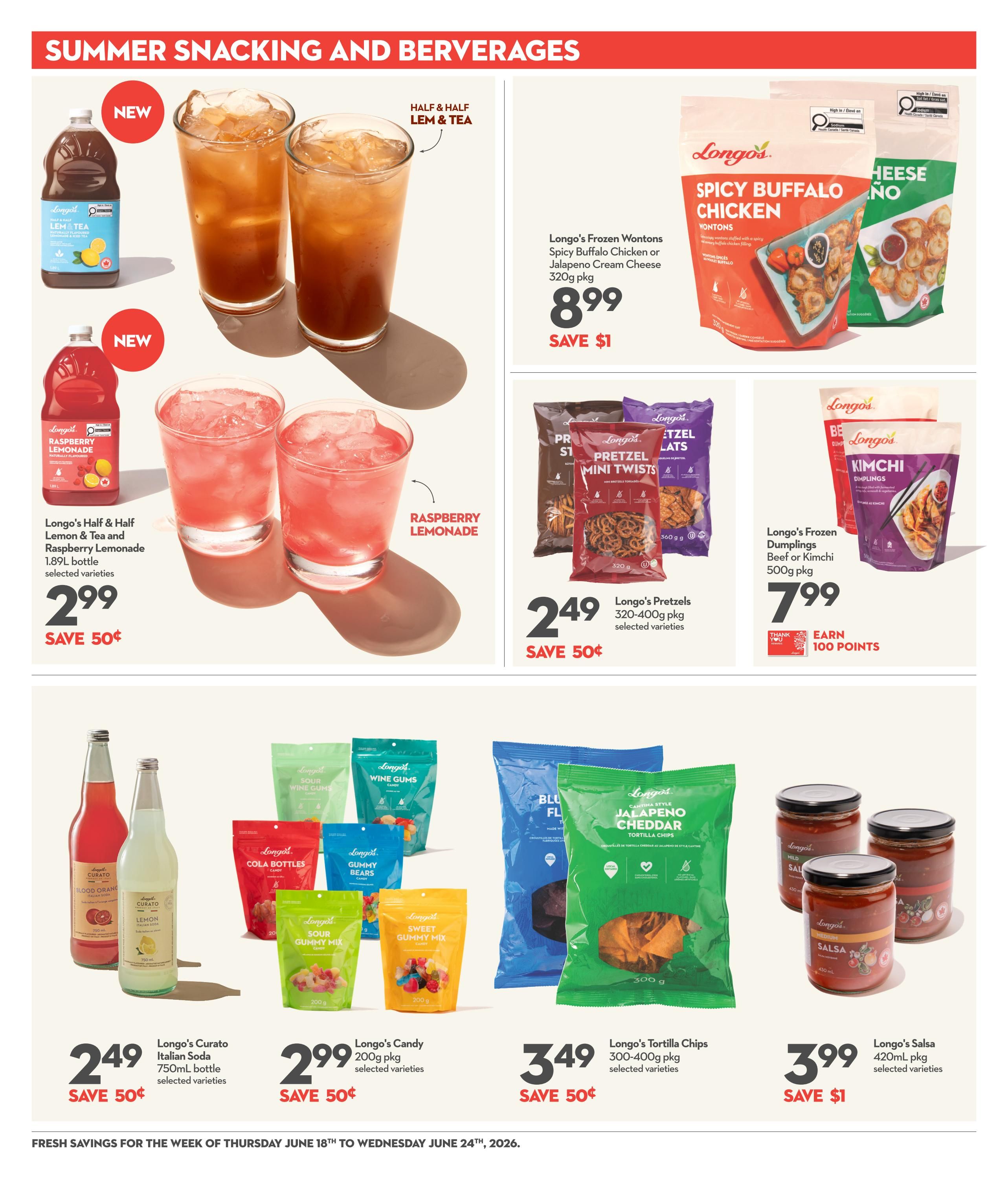 Longo's weekly flyer specials page 14, featuring Summer Snacking and Beverages. New items include Longo's Half & Half Lemon Tea and Raspberry Lemonade, both 1.89L bottles, on sale for $2.99 each and save 50¢. Also featured are Longo's Frozen Wontons in Spicy Buffalo Chicken or Jalapeno Cream Cheese flavour, 320g pkg, for $8.99 and save $1. Longo's Pretzel Mini Twists, 320-400g pkg, selected varieties, are $2.49 and save 50¢. Longo's Frozen Dumplings in Beef or Kimchi flavour, 500g pkg, are $7.99 and earn 100 points. Other items include Longo's Curato Italian Soda, 750mL bottle, selected varieties, for $2.49 and save 50¢. Longo's Candy, 200g pkg, selected varieties, including Sour Wine Gums, Wine Gums, Cola Bottles, Gummy Bears, and Sweet Gummy Mix, are $2.99 and save 50¢. Longo's Tortilla Chips in Cantina Style Jalapeno Cheddar, 300-400g pkg, selected varieties, are $3.49 and save 50¢. Longo's Salsa, 420mL pkg, selected varieties, in Mild and Medium flavours, are $3.99 and save $1. Fresh savings are valid from Thursday, June 18th to Wednesday, June 24th, 2026.