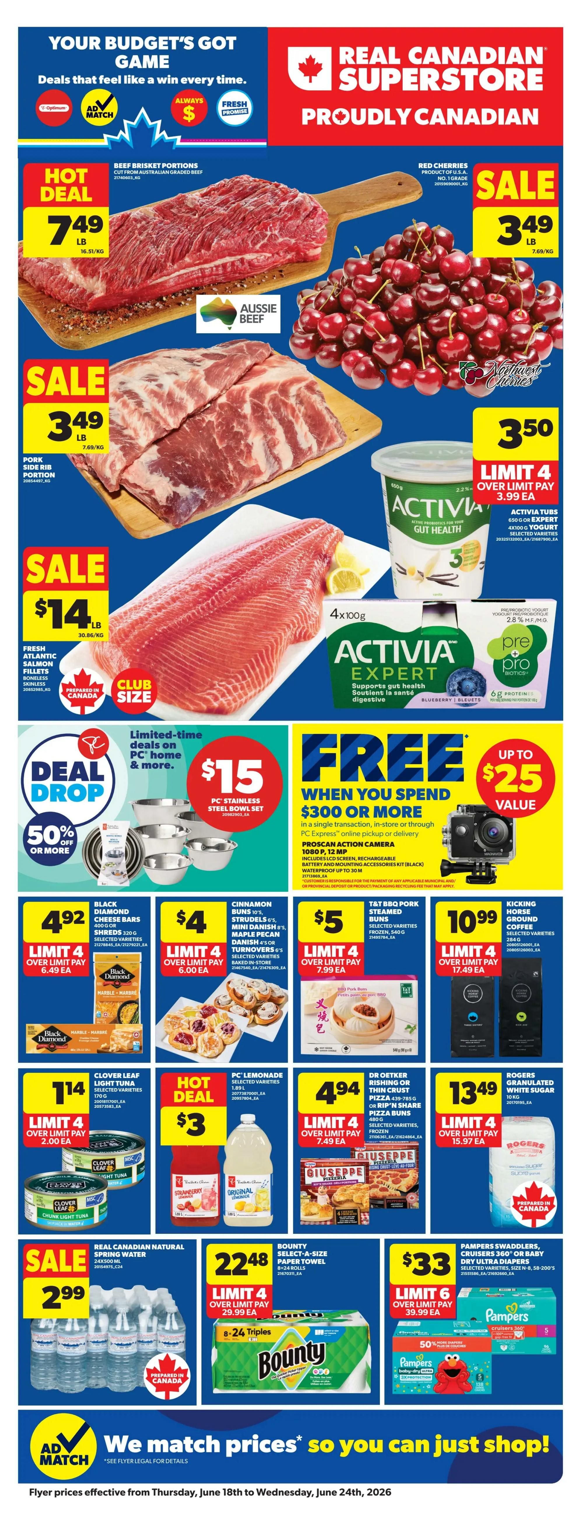 Real Canadian Superstore Hot Deals flyer featuring a remodelled store with great deals. Get 5,000 Optimum points when you spend $25 on cosmetics, including Tree Hut Shea Body Butter, L'Oréal Telescopic Mascara, and elf Power Grip Primer. Save up to 30% off selected grill tools and accessories, with prices ranging from $2.50 to $34.00 after savings. Buy one, get one 50% off on PC Sheets Percale Sheet Sets of equal or lesser value. Limit 12 items for $0.99 each on Sheba Perfect Portions Cat Food or Cesar Dog Food, with over limit price of $1.50 each. Save up to 25% off American Kennel Club or Dawgknit Leash or Harness, with prices ranging from $6.74 to $22.49 after savings. Available at select locations in Winnipeg, Vancouver, Coquitlam, Langford, Saskatoon, Grand Prairie, Edmonton, Calgary, Stony Plain, Red Deer, and Abbotsford.