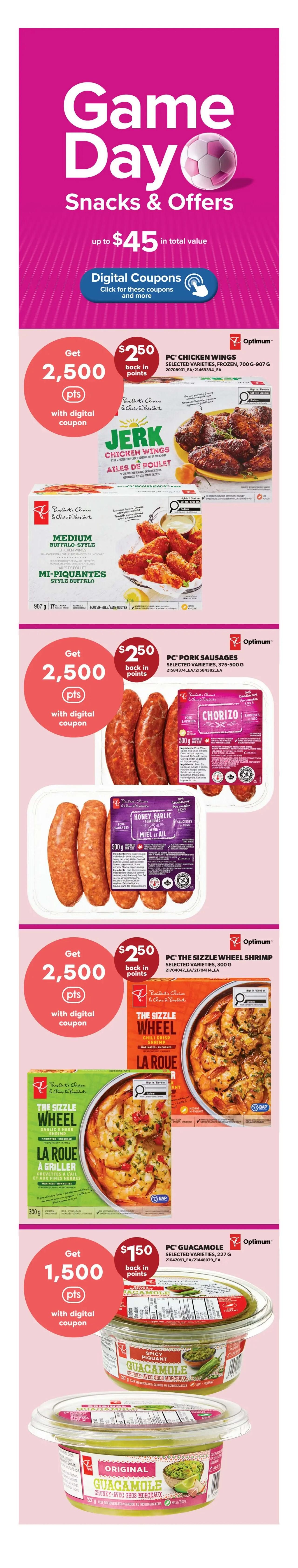 Real Canadian Superstore weekly flyer specials page 7, featuring 'Game Day Snacks & Offers' with up to $45 in total value from digital coupons. Offers include: Get 2,500 Optimum points with digital coupon for PC Chicken Wings, selected varieties, frozen, 700g-907g, and PC Medium Buffalo-Style Chicken Wings, 907g. Also, get 2,500 Optimum points with digital coupon for PC Pork Sausages, selected varieties, 375-500g, including Chorizo and Honey Garlic flavours. Additionally, get 2,500 Optimum points with digital coupon for PC The Sizzle Wheel Shrimp, selected varieties, 300g. Finally, get 1,500 Optimum points with digital coupon for PC Guacamole, selected varieties, 227g, including Original and Spicy flavours.