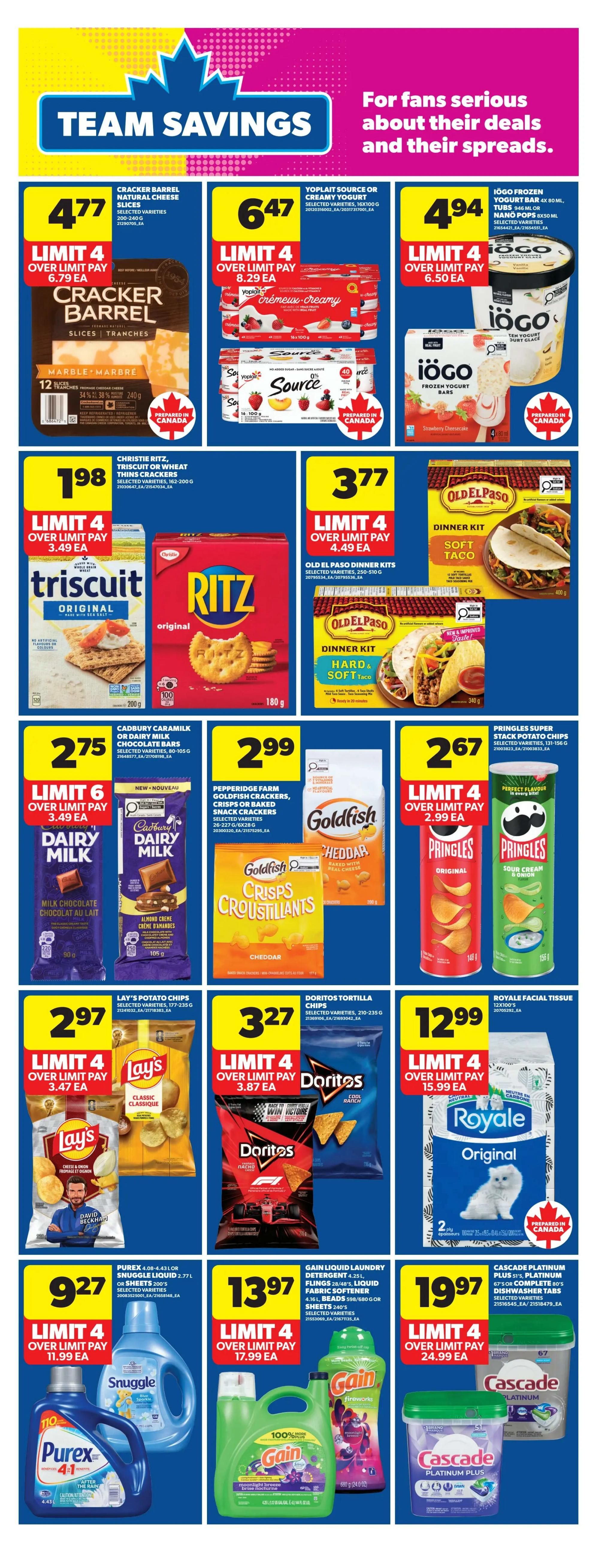 Real Canadian Superstore weekly flyer specials page 14 features team savings. Offers include Cracker Barrel natural cheese slices for $4.77 (limit 4), Yoplait Source or Creamy Yogurt for $6.47 (limit 4), and IOGO frozen yogurt bars for $4.94 (limit 4). Also featured are Christie Ritz, Triscut, or Wheat Thins crackers for $1.98 (limit 4), Old El Paso dinner kits for $3.77 (limit 4), Cadbury Caramilk or Dairy Milk chocolate bars for $2.75 (limit 6), Pepperidge Farm Goldfish crackers or crisps for $2.99 (limit 4), and Pringles Super Stack potato chips for $2.67 (limit 4). Additionally, Lay's potato chips are $2.97 (limit 4), Doritos tortilla chips are $3.27 (limit 4), and Royale facial tissue is $12.99 (limit 4). Household cleaning products on sale are Purex liquid laundry detergent and Snuggle liquid fabric softener for $9.27 (limit 4), Gain liquid laundry detergent, flings, beads, or sheets for $13.97 (limit 4), and Cascade Platinum or Platinum Plus dishwasher tabs for $19.97 (limit 4).