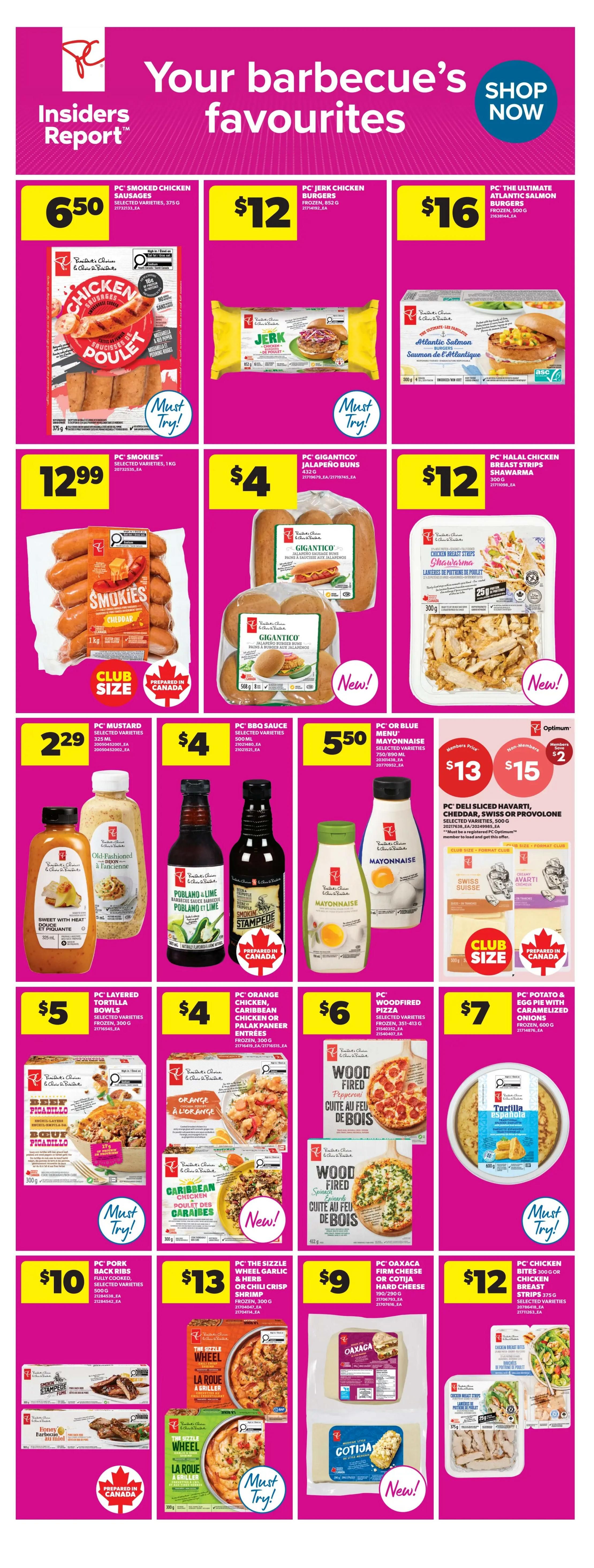 Real Canadian Superstore weekly flyer specials page 15, featuring barbecue favourites. Products include PC Smoked Chicken Sausages for $6.50, PC Jerk Chicken Burgers for $12, and PC The Ultimate Atlantic Salmon Burgers for $16. Also available are PC Smokies Sausages for $12.99, PC Gigantico Jalapeño Buns for $4, and PC Halal Chicken Breast Strips Shawarma for $12. Sauces and condiments on sale include PC Mustard for $2.29, PC BBQ Sauce for $4, and PC Or Blue Menu Mayonnaise for $5.50. Special offers on PC Deli Sliced Havarti, Cheddar, Swiss or Provolone cheese for $13 (members price) or $15 (non-members). Other items include PC Layered Tortilla Bowls for $5, PC Orange, Caribbean Chicken or Palak Paneer Entrees for $4, PC Woodfired Pizza for $6, and PC Potato & Egg with Caramelized Onions Frozen for $7. Finally, PC Pork Rib Backs are $10, PC The Sizzle Wheel Garlic & Herb or Chili Crisp Shrimp are $13, PC Oaxaca Firm Cheese or Cotija Hard Cheese are $9, and PC Chicken Breast Strips are $12.