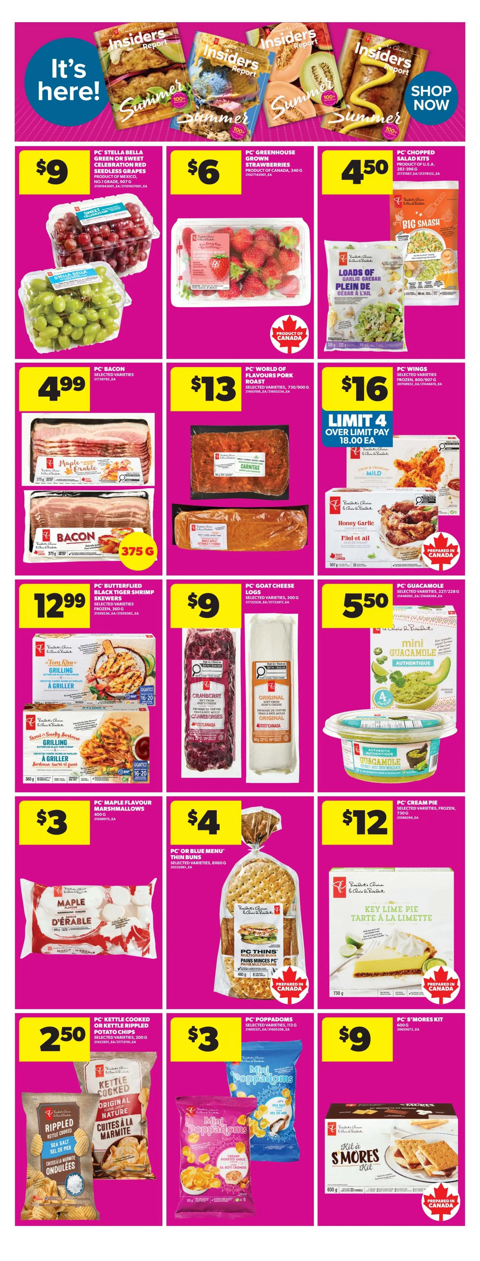 Real Canadian Superstore weekly flyer specials page 17 features a variety of food items. Top row includes PC Stella Bella Green or Sweet Celebration Red Seedless Grapes for $9, PC Greenhouse Grown Strawberries for $6, and PC Chopped Salad Kits for $4.50. Second row showcases PC Bacon for $4.99, PC World of Flavours Pork Roast (Carnitas) for $13, and PC Wings (Honey Garlic and Mild) for $16 with a limit of 4 over limit pay $18.00 each. Third row features PC Butterflied Black Tiger Shrimp Skewers for $12.99, PC Goat Cheese Logs for $9, and PC Guacamole for $5.50. Fourth row offers PC Maple Flavour Marshmallows for $3, PC Or Blue Menu Thin Buns for $4, and PC Cream Pie for $12. Bottom row includes PC Kettle Cooked or Kettle Rippled Potato Chips for $2.50, PC Poppadoms for $3, and PC S'mores Kit for $9. Many products are highlighted as 'Product of Canada' or 'Prepared in Canada'.