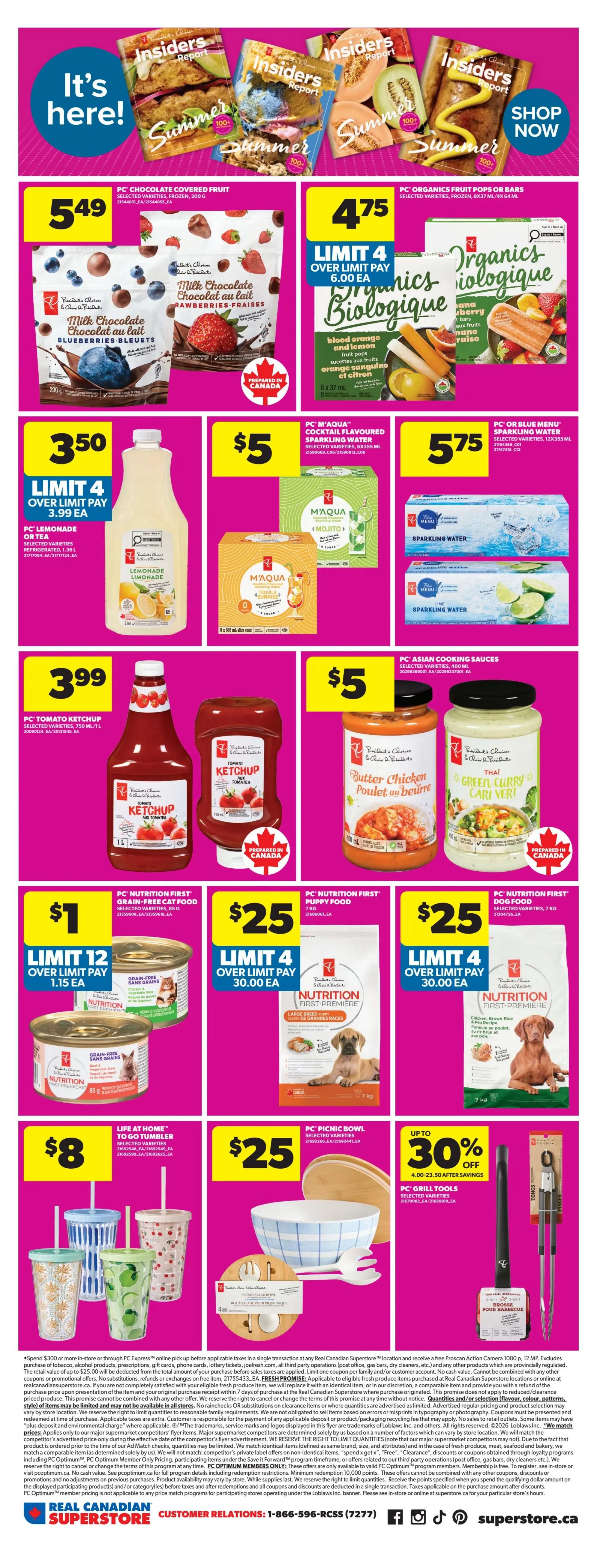 Real Canadian Superstore weekly flyer specials for Western Canada. This page features PC Chocolate Covered Fruit for $5.49, PC Organics Fruit Pops or Bars for $4.75, PC Lemonade or Tea for $3.50 (limit 4, over limit pay $3.99 ea), PC M'Aqua Cocktail Flavoured Sparkling Water for $5, and PC Blue Menu Sparkling Water for $5.75. Also available are PC Tomato Ketchup for $3.99, PC Butter Chicken or Green Curry Cooking Sauces for $5. PC Nutrition First Grain-Free Cat Food is $1 (limit 12, over limit pay $1.15 ea). PC Nutrition First Puppy Food (7 kg) and PC Nutrition First Dog Food (7 kg) are both $25 (limit 4, over limit pay $30.00 ea). Life At Home To Go Tumblers are $8. PC Picnic Bowls are $25. PC Grill Tools are up to 30% off. The page also highlights 'It's here!' with 'Summer' themed Insiders Report magazines and a 'Shop Now' button.