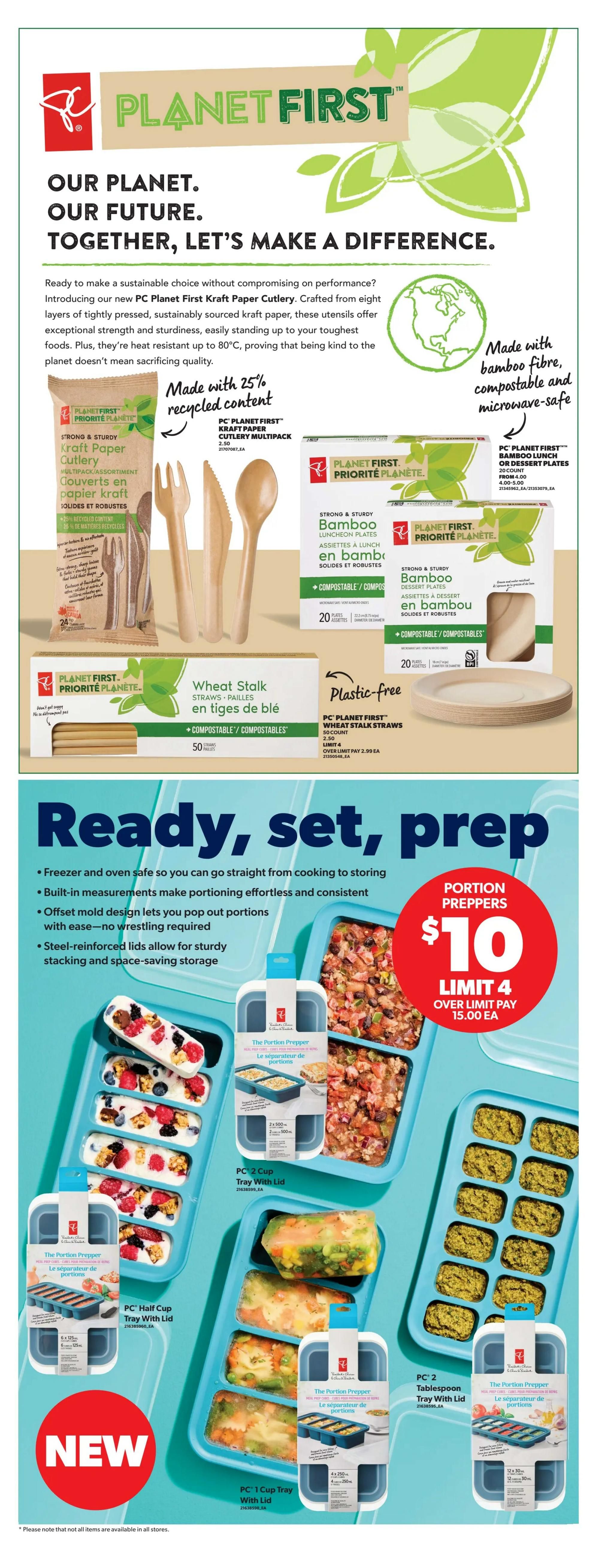 Real Canadian Superstore weekly flyer specials, page 40. Features Planet First sustainable products including PC Planet First Kraft Paper Cutlery Multipack for $2.50, PC Planet First Bamboo Lunch or Dessert Plates (20 count) from $4.00-$5.00, and PC Planet First Wheat Stalk Straws (50 count) for $2.99 each, limit 4. Also showcases Portion Preppers for $10, limit 4 over limit pay $15.00 each. Products include PC 2 Cup Tray With Lid, PC Half Cup Tray With Lid, PC 1 Cup Tray With Lid, and PC 2 Tablespoon Tray With Lid. The Portion Prepper features include freezer and oven safe, built-in measurements, offset mold design, and steel-reinforced lids for sturdy stacking.