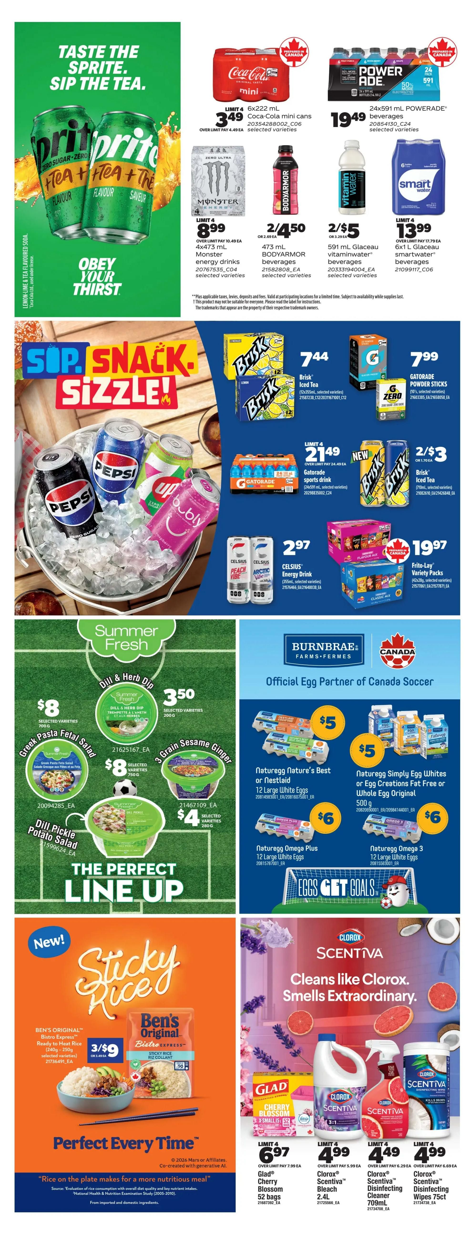 Real Canadian Superstore weekly flyer specials page 44 features a variety of beverages and food items. Top section highlights Sprite, Sip the Tea with two cans of Sprite. Promotions include Coca-Cola mini cans 6x222 mL for $3.49, Powerade beverages 24x591 mL for $19.49, Monster energy drinks 4x473 mL for $8.99, BODYARMOR beverages 473 mL for 2/$4.50, Vitaminwater 591 mL for 2/$5, and Smartwater beverages 6x1 L for $13.99. The 'Soda Snack Sizzle' section showcases Pepsi, Sprite, and Bubly drinks in a bucket of ice. Featured snacks and drinks include Brisk Iced Tea 12x355 mL for $7.44, Gatorade powder sticks for $7.99, Gatorade sports drink 24x591 mL for $21.49, Brisk Iced Tea 710 mL for 2/$3, and Celsius Energy Drink 355 mL for $2.97. Also available are Frito-Lay Variety Packs 14x29g for $19.97. The 'Summer Fresh' section offers Dill & Herb Dip 200g for $3.50, Greek Pasta Feta Salad 700g for $8, and 3 Grain Sesame Ginger 700g for $8. Dill Pickle Potato Salad is also featured. The 'Perfect Line Up' section promotes Naturegg products: Naturegg Nature's Best or Nestlaid 12 Large White Eggs for $5, Naturegg Simply Egg Whites or Egg Creations Fat Free or Whole Egg Original 500g for $5, Naturegg Omega Plus 12 Large White Eggs for $6, and Naturegg Omega 3 12 Large White Eggs for $6. The 'New! Sticky Rice' section features Ben's Original Bistro Express Ready to Heat Rice 240g-350g for 3/$9. The right side of the page highlights Clorox Scentiva cleaning products: Glad Cherry Blossom X-Small 52 bags for $6.97, Clorox Scentiva Bleach 2.4L for $4.99, Clorox Scentiva Disinfecting Cleaner 709mL for $4.49, and Clorox Scentiva Disinfecting Wipes 75ct for $4.99.
