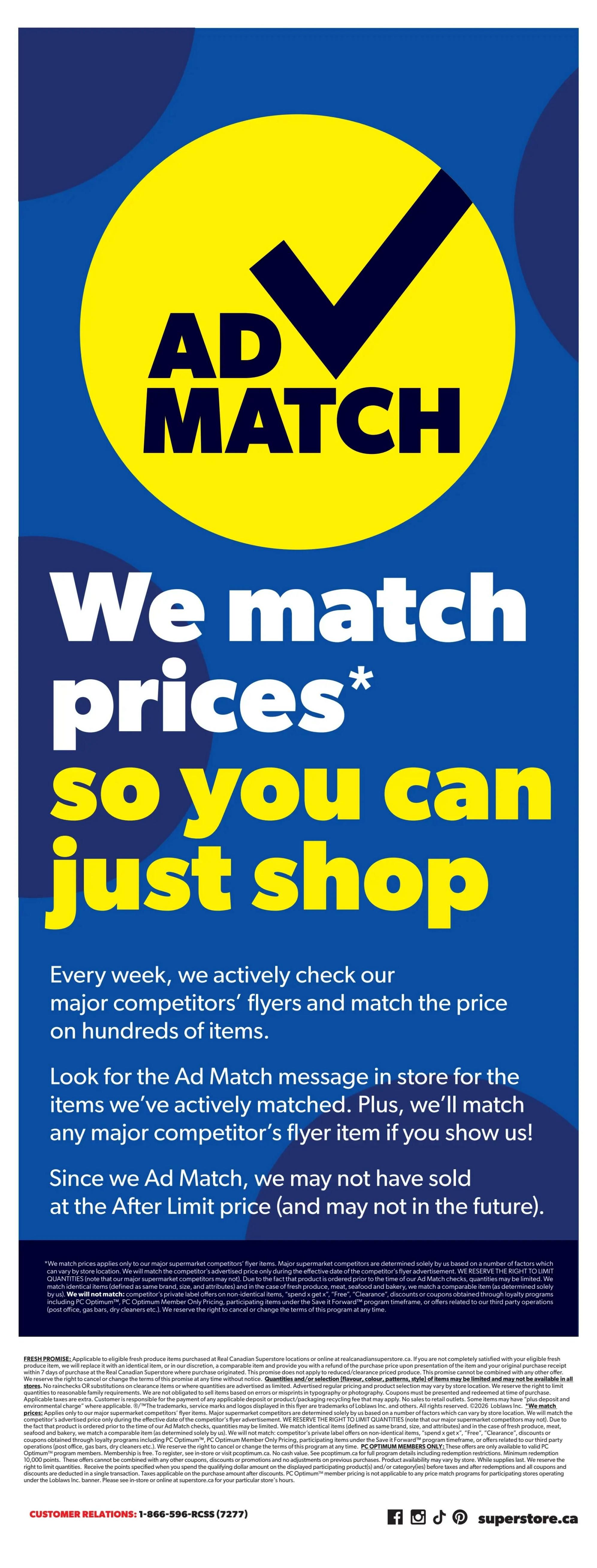 Real Canadian Superstore flyer page 46, featuring the 'Ad Match' program. The page explains that Real Canadian Superstore matches prices from major competitors' flyers on hundreds of items. Customers can look for the 'Ad Match' message in-store for items that have been actively matched, and the store will match any major competitor's flyer item if presented. The page also includes detailed terms and conditions for the Ad Match program, including 'Fresh Promise' details and information on quantities and selection. A customer relations phone number is provided: 1-866-596-RCSS (7277). The page also features social media icons and the Superstore logo.
