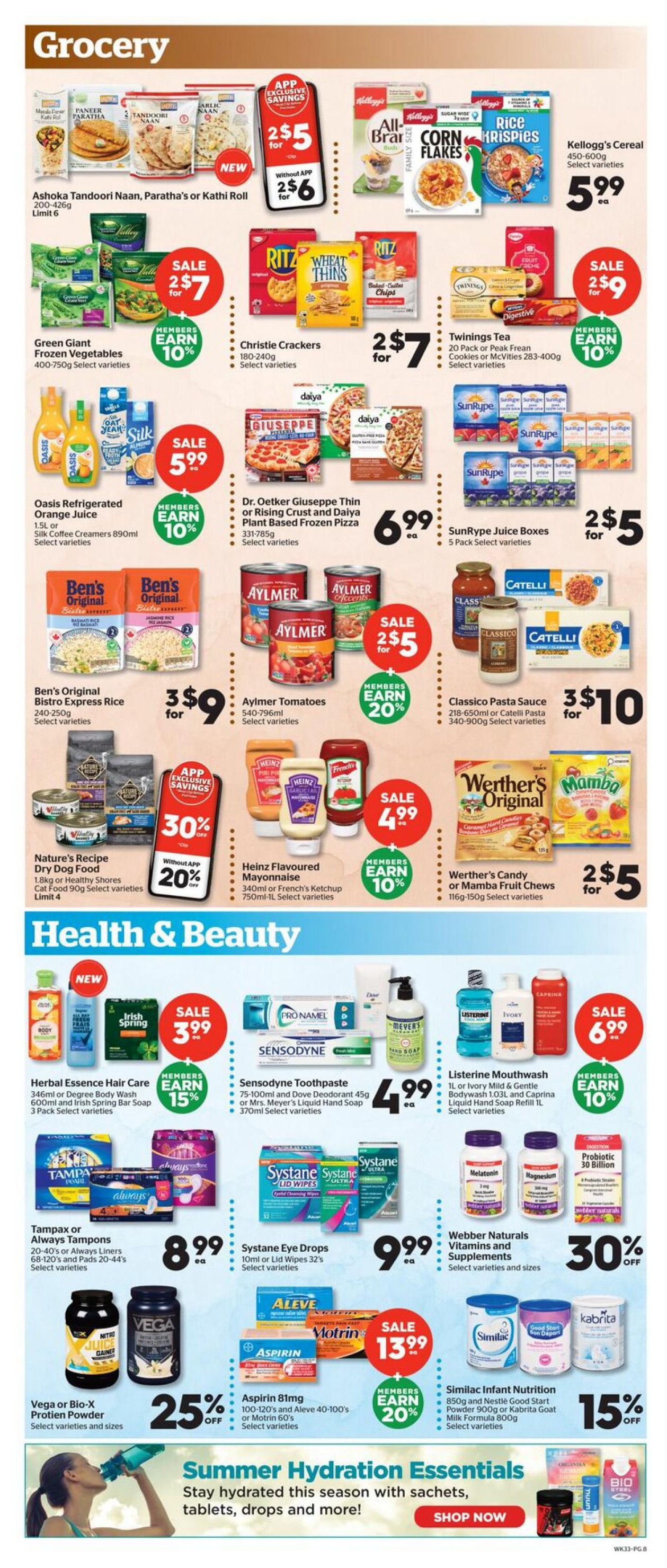Calgary Co-op weekly flyer specials page 8 features grocery and health & beauty deals. Grocery items include Ashoka Tandoori Naan, Paratha or Kathi Roll for 2 for $5 (APP exclusive savings) or 2 for $6 without APP, Green Giant Frozen Vegetables for 2 for $7 with 10% member savings, Christie Crackers for 2 for $7, Twinings Tea 20 pack for 2 for $9 with 10% member savings, Oasis Refrigerated Orange Juice and Silk Coffee Creamers for $5.99 with 10% member savings, Dr. Oetker Giuseppe Thin or Rising Crust and Daiya Plant Based Frozen Pizza for $6.99 each, Ben's Original Bistro Express Rice for 3 for $9, Aylmer Tomatoes for 2 for $5 with 20% member savings, SunRype Juice Boxes for 2 for $5, Classico Pasta Sauce or Catelli Pasta for 3 for $10, Kellogg's Cereal for $5.99 each, Nature's Recipe Dry Dog Food with 30% off (20% off without APP), Heinz Flavoured Mayonnaise or French's Ketchup for $4.99 with 10% member savings, and Werther's Original or Mamba Candy for 2 for $5. Health & Beauty items include Herbal Essences Hair Care or Degree Body Wash or Irish Spring Bar Soap for $3.99 with 15% member savings, Sensodyne Toothpaste or Dove Deodorant or Mrs. Meyer's Liquid Hand Soap for $4.99 each, Listerine Mouthwash, Ivory Mild & Gentle Body Wash, Liquid Hand Soap Refill and Caprina Goat Milk Soap for $6.99 with 10% member savings, Tampax or Always Tampons or Liners for $8.99 each, Systane Eye Drops for $9.99 each, Webber Naturals Vitamins and Supplements with 30% off, Vega or Bio-X Protein Powder with 25% off, Similac Infant Nutrition or Nestle Good Start Powder or Kabrita Goat Milk Formula for 15% off, and Aspirin 81mg or Aleve or Motrin for $13.99 with 20% member savings. The page also features a 'Summer Hydration Essentials' promotion.