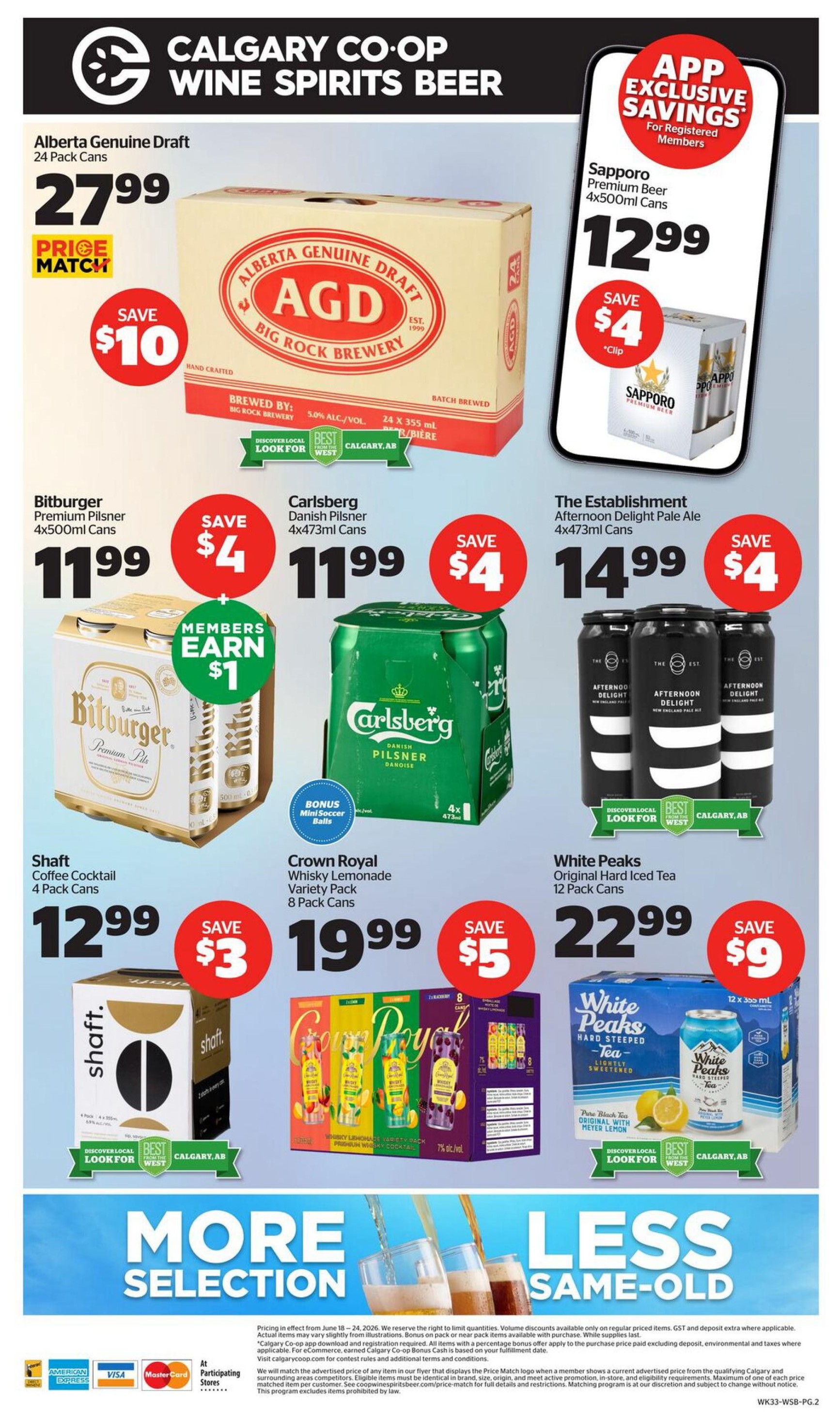 Calgary Co-op Wine Spirits Beer flyer, page 2. Featured products include Alberta Genuine Draft 24 Pack Cans for $27.99 with a $10 price match offer. Sapporo Premium Beer 4x500ml Cans are $12.99 with a $4 clip discount for registered members. Bitburger Premium Pilsner 4x500ml Cans are $11.99 and members earn $1. Carlsberg Danish Pilsner 4x473ml Cans are $11.99 with a $4 discount. The Establishment Afternoon Delight Pale Ale 4x473ml Cans are $14.99 with a $4 discount. Shaft Coffee Cocktail 4 Pack Cans are $12.99 with a $3 discount. Crown Royal Whisky Lemonade Variety Pack 8 Pack Cans are $19.99 with a $5 discount. White Peaks Original Hard Iced Tea 12 Pack Cans are $22.99 with a $9 discount. The bottom of the page features 'More Selection Less Same-Old' with images of beer and citrus.